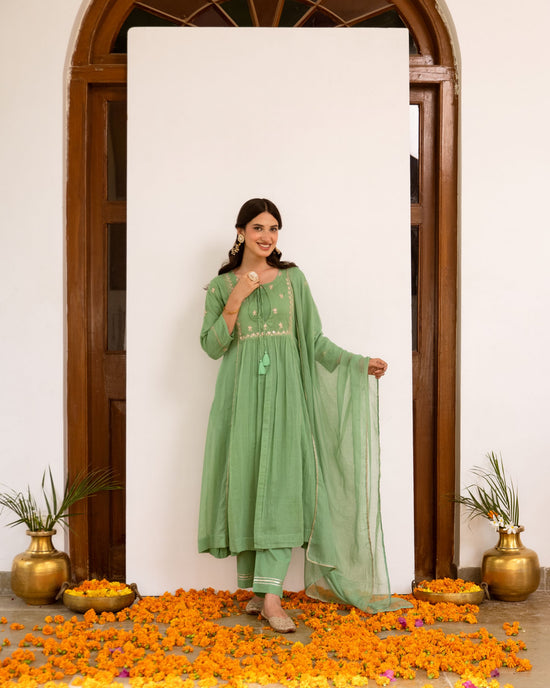 Pastel Green Kota Doriya Complete Suit Set For Women's