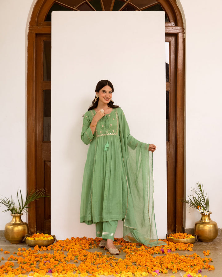 Pastel Green Kota Doriya Complete Suit Set For Women's