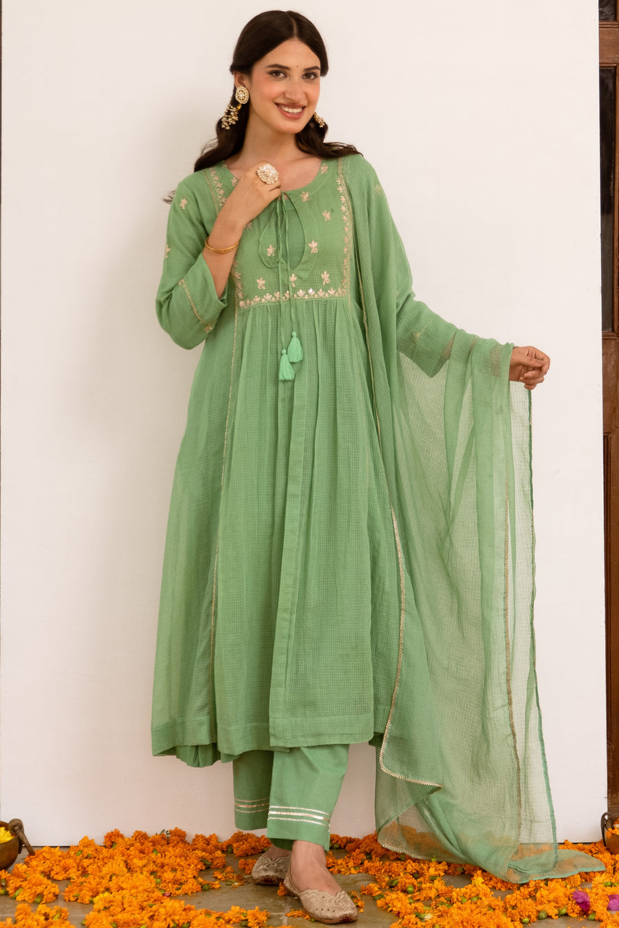Pastel Green Kota Doriya Complete Suit Set For Women's