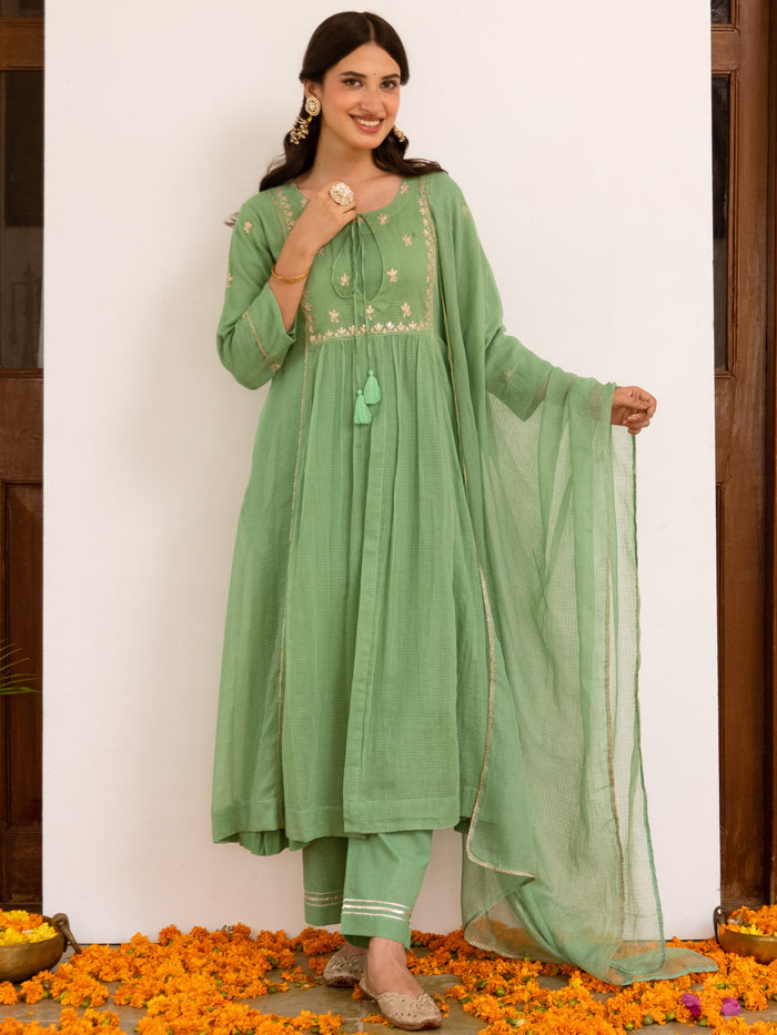 Pastel Green Kota Doriya Complete Suit Set For Women's