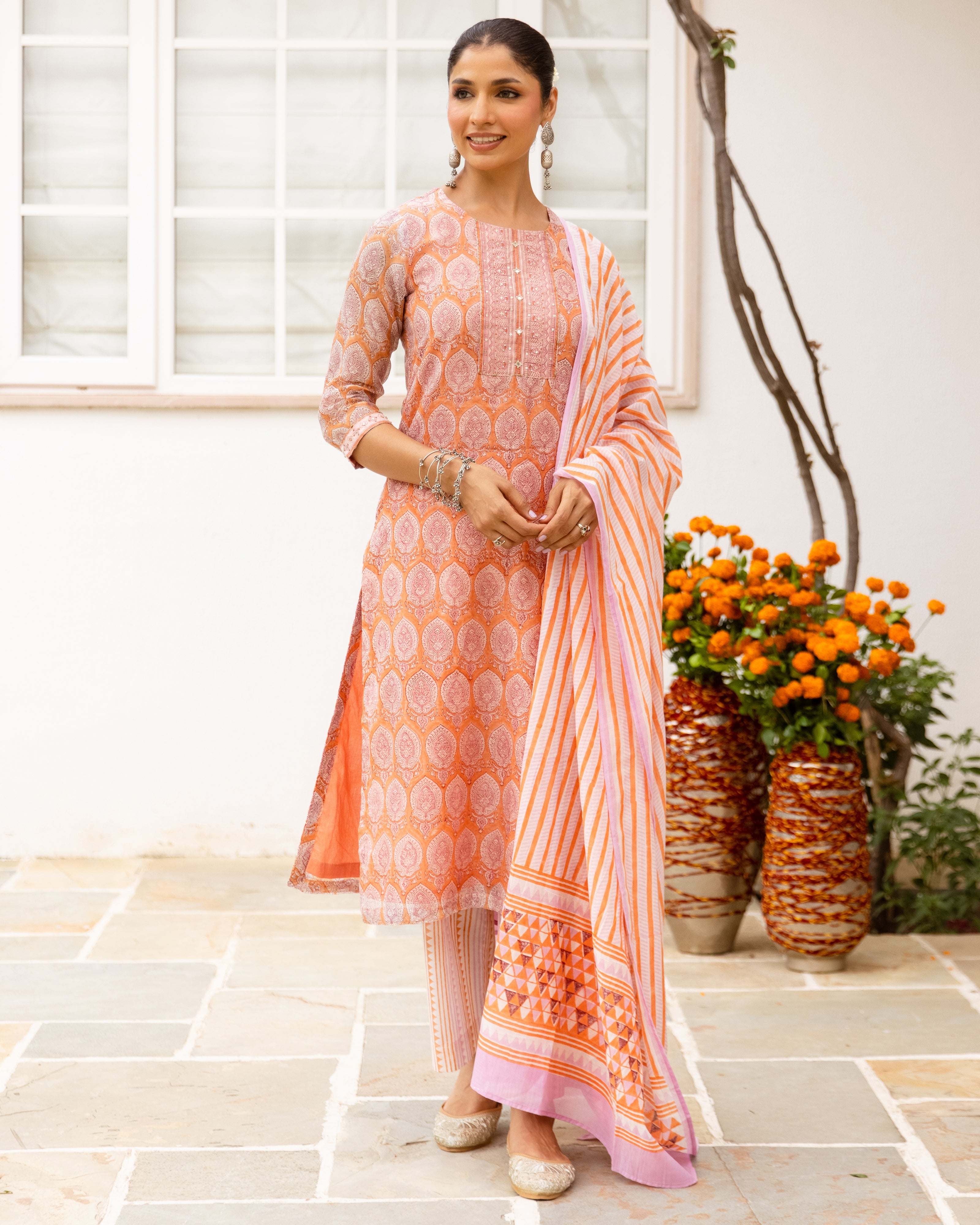 Peach & Orange Chanderi Complete Suit Set