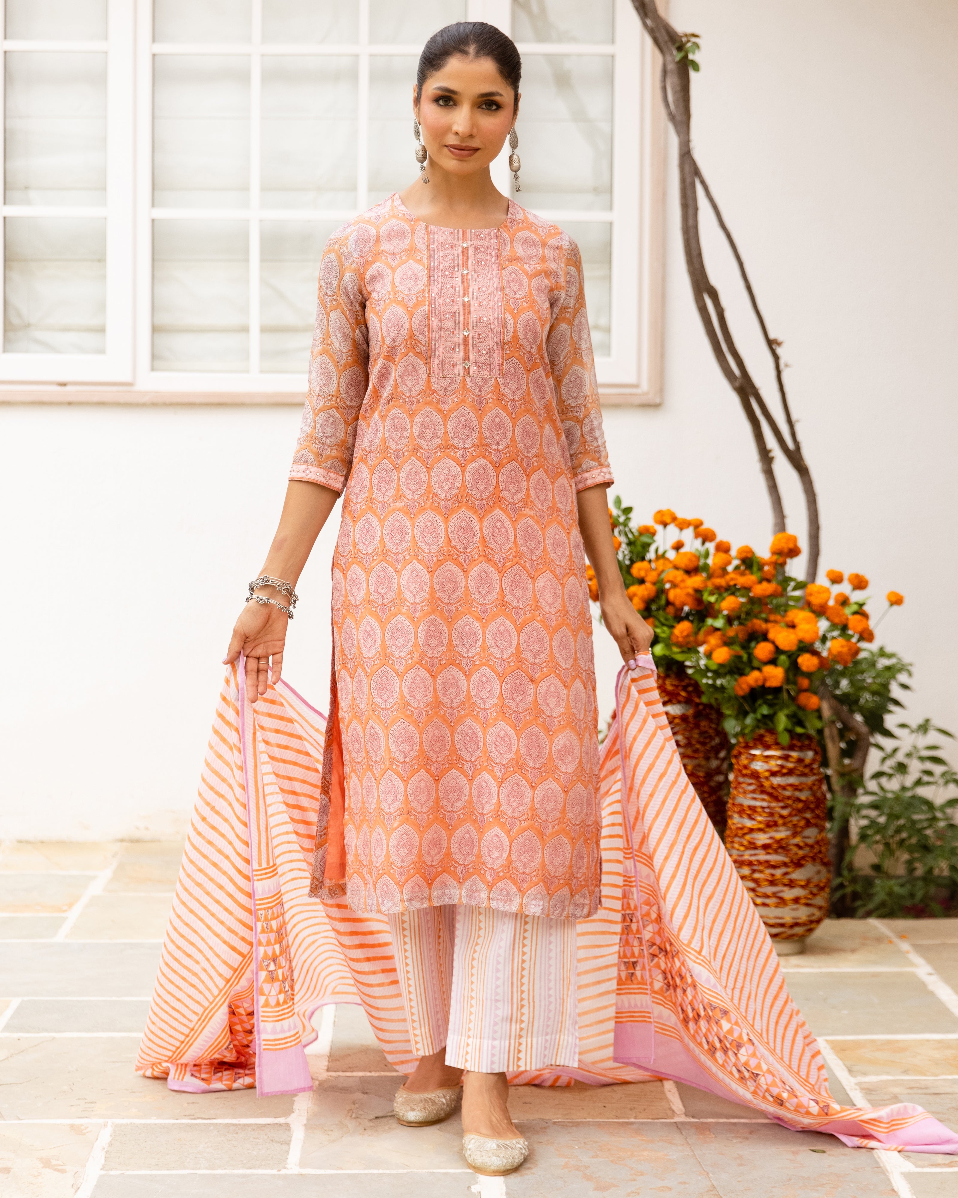 Peach & Orange Chanderi Complete Suit Set