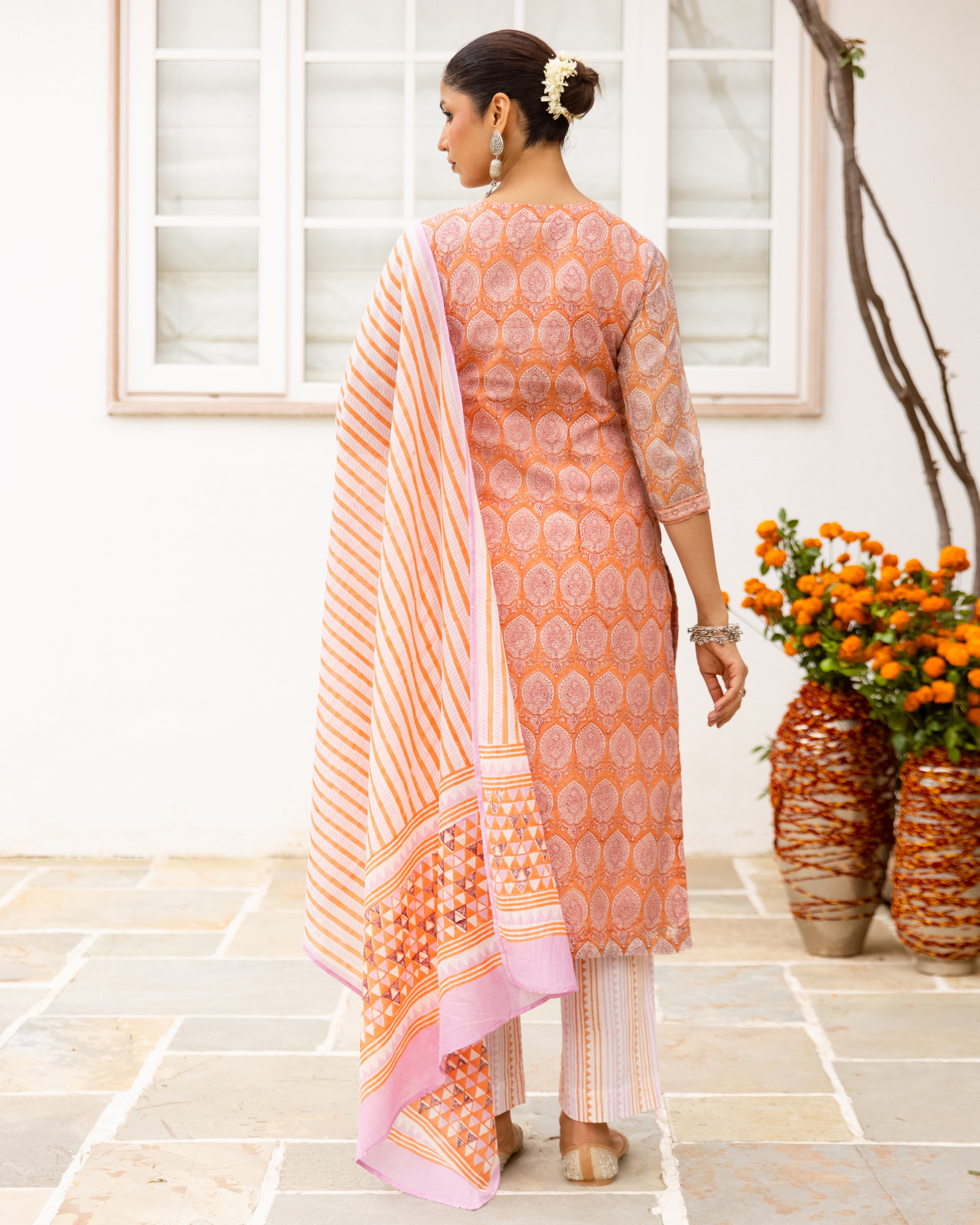 Peach & Orange Chanderi Complete Suit Set