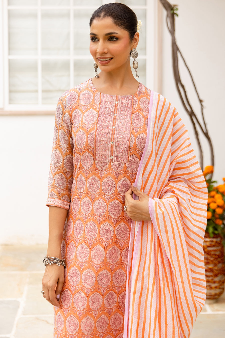 Peach & Orange Chanderi Complete Suit Set