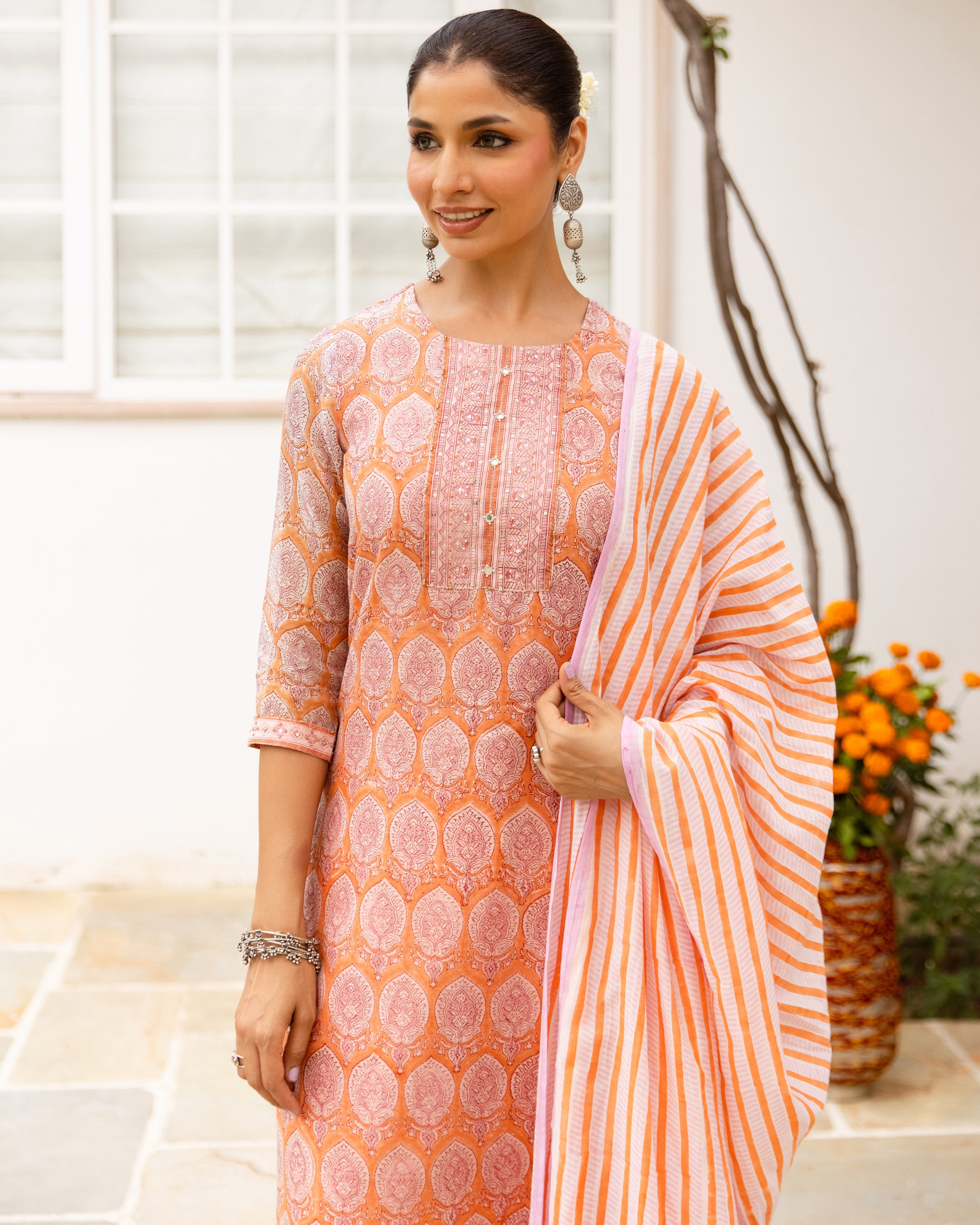 Peach & Orange Chanderi Complete Suit Set