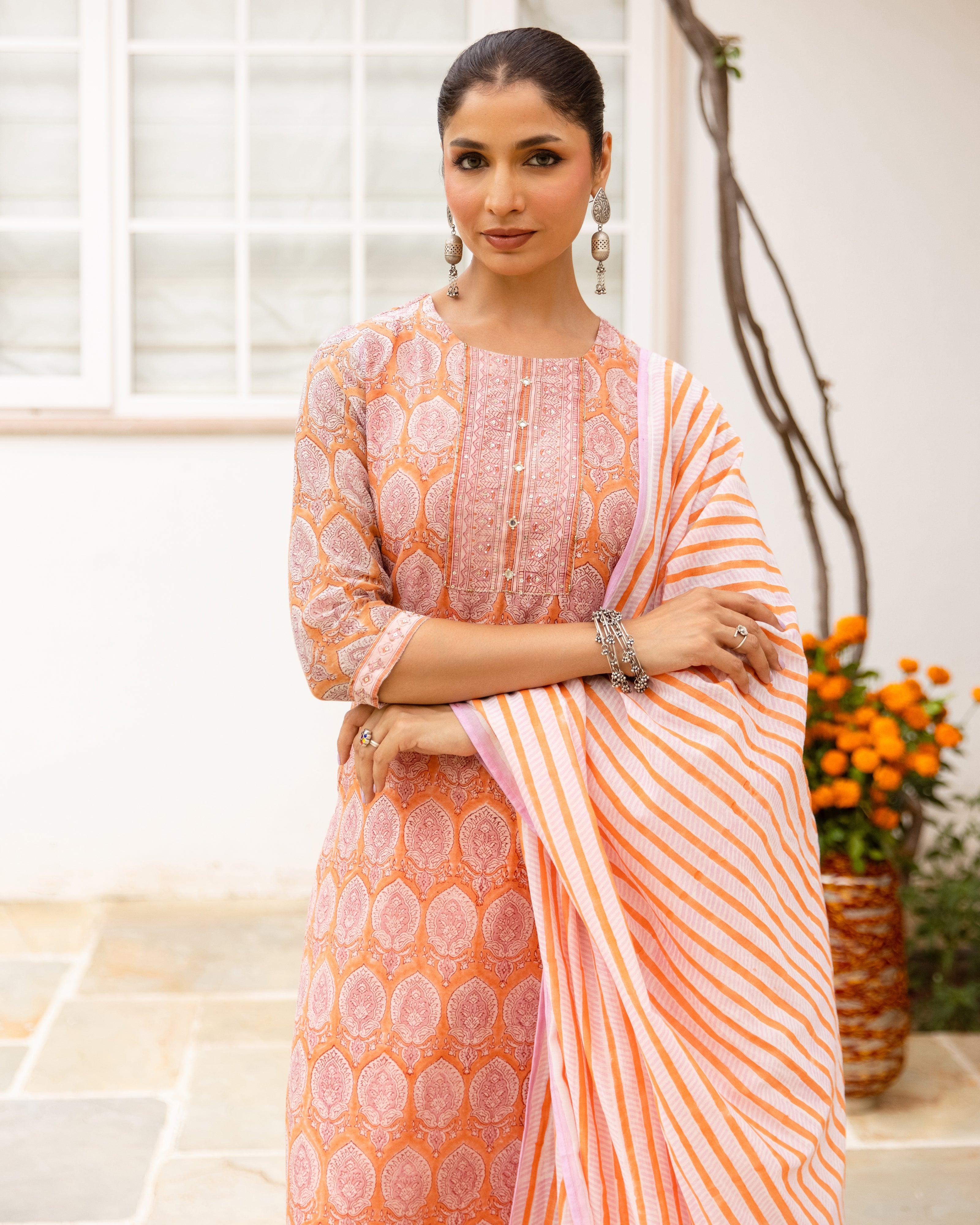 Peach & Orange Chanderi Complete Suit Set