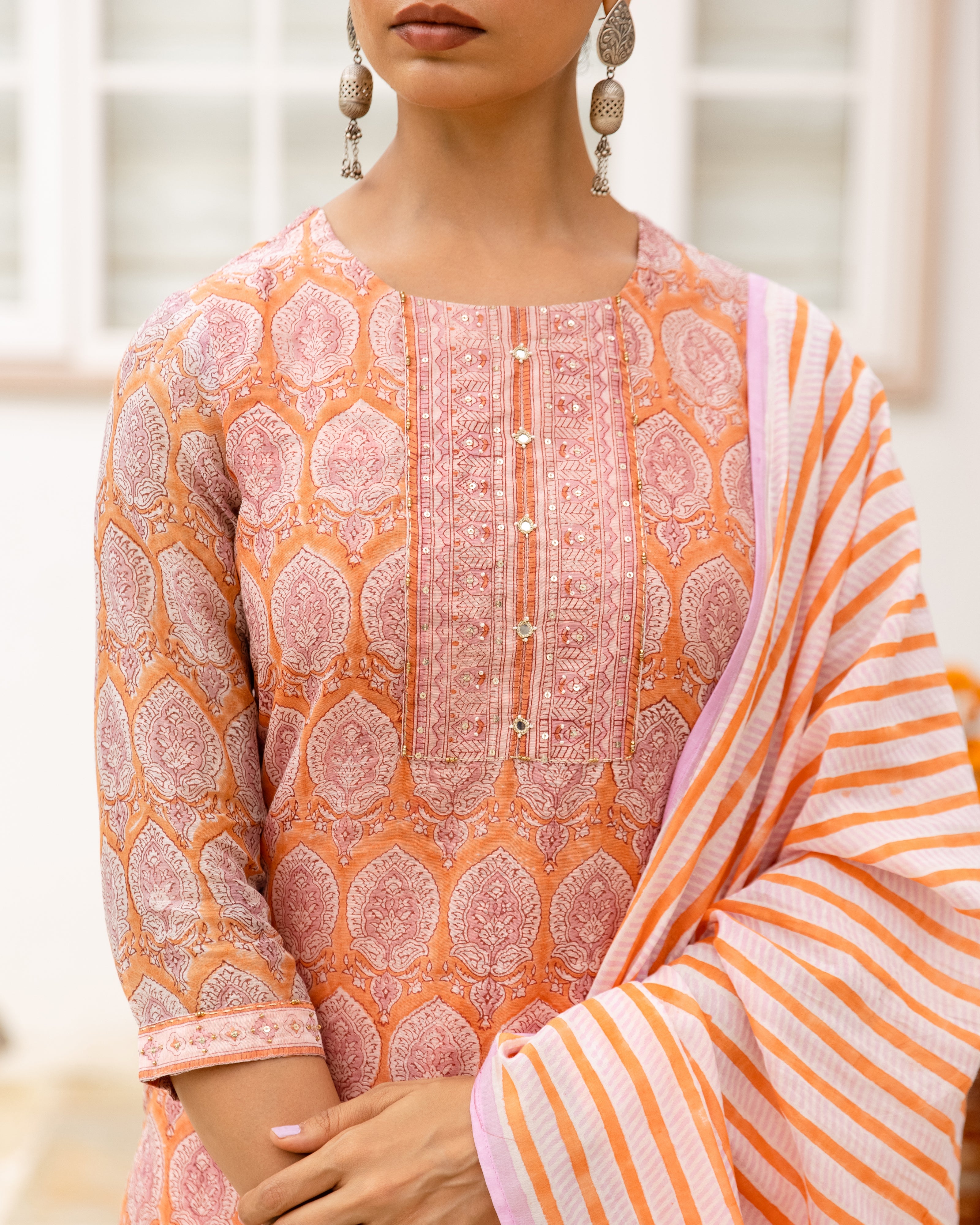 Peach & Orange Chanderi Complete Suit Set