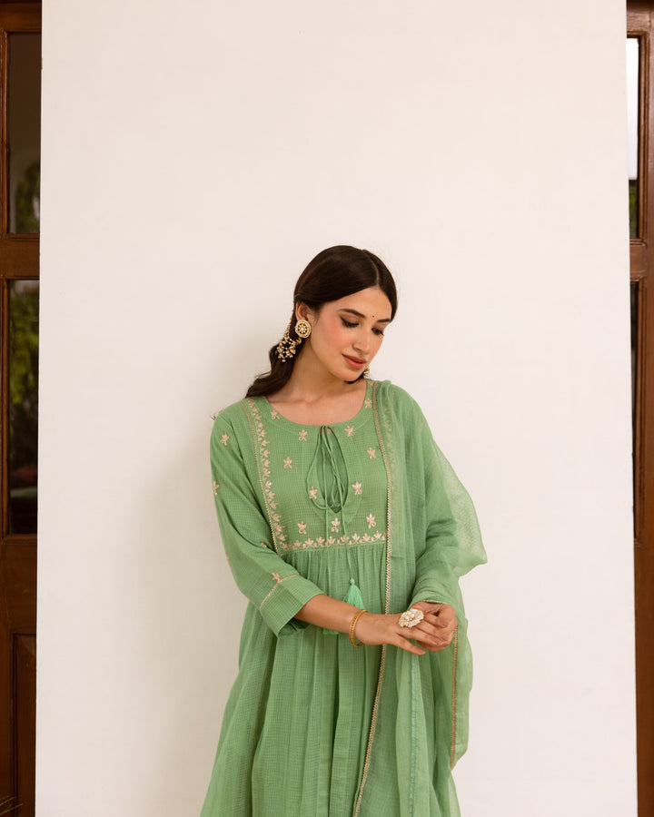 Pastel Green Kota Doriya Complete Suit Set For Women's