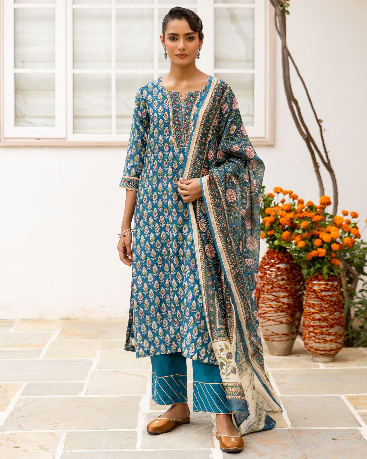 Teal Blue & Beige Complete Suit Set