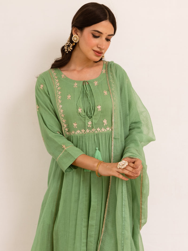 Pastel Green Kota Doriya Complete Suit Set For Women's