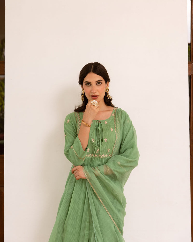 Pastel Green Kota Doriya Complete Suit Set For Women's