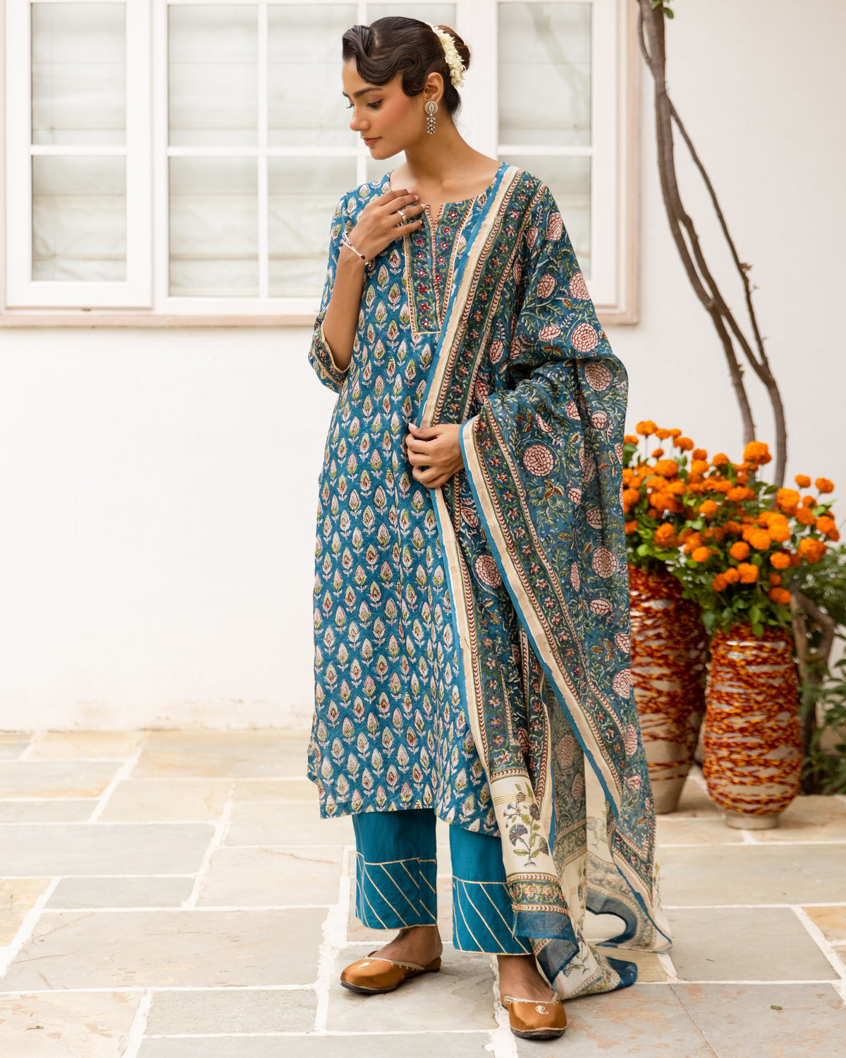Teal Blue & Beige Complete Suit Set