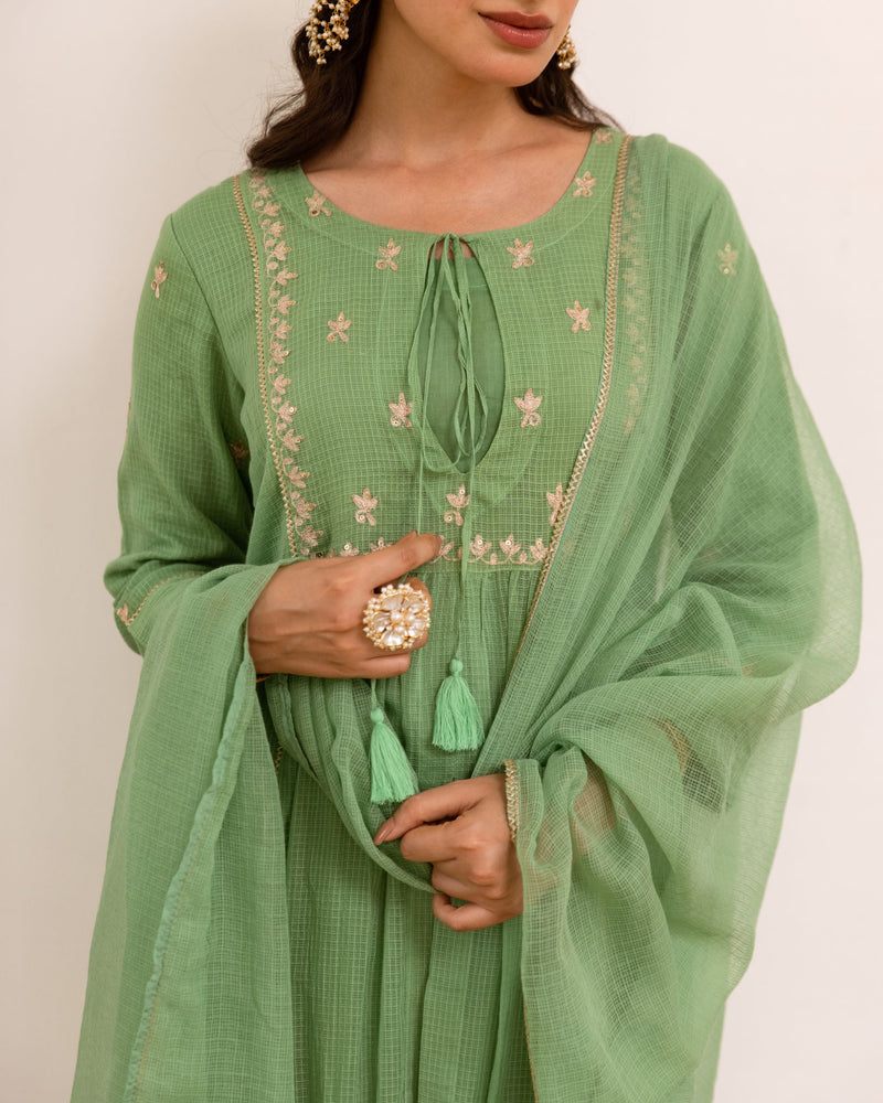 Pastel Green Kota Doriya Complete Suit Set For Women's
