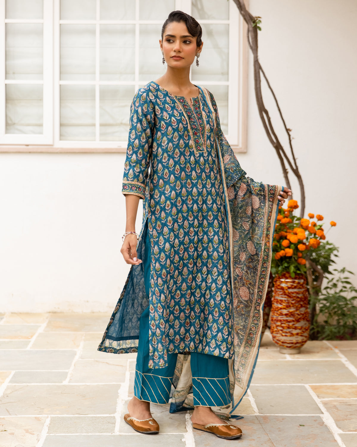 Teal Blue & Beige Complete Suit Set