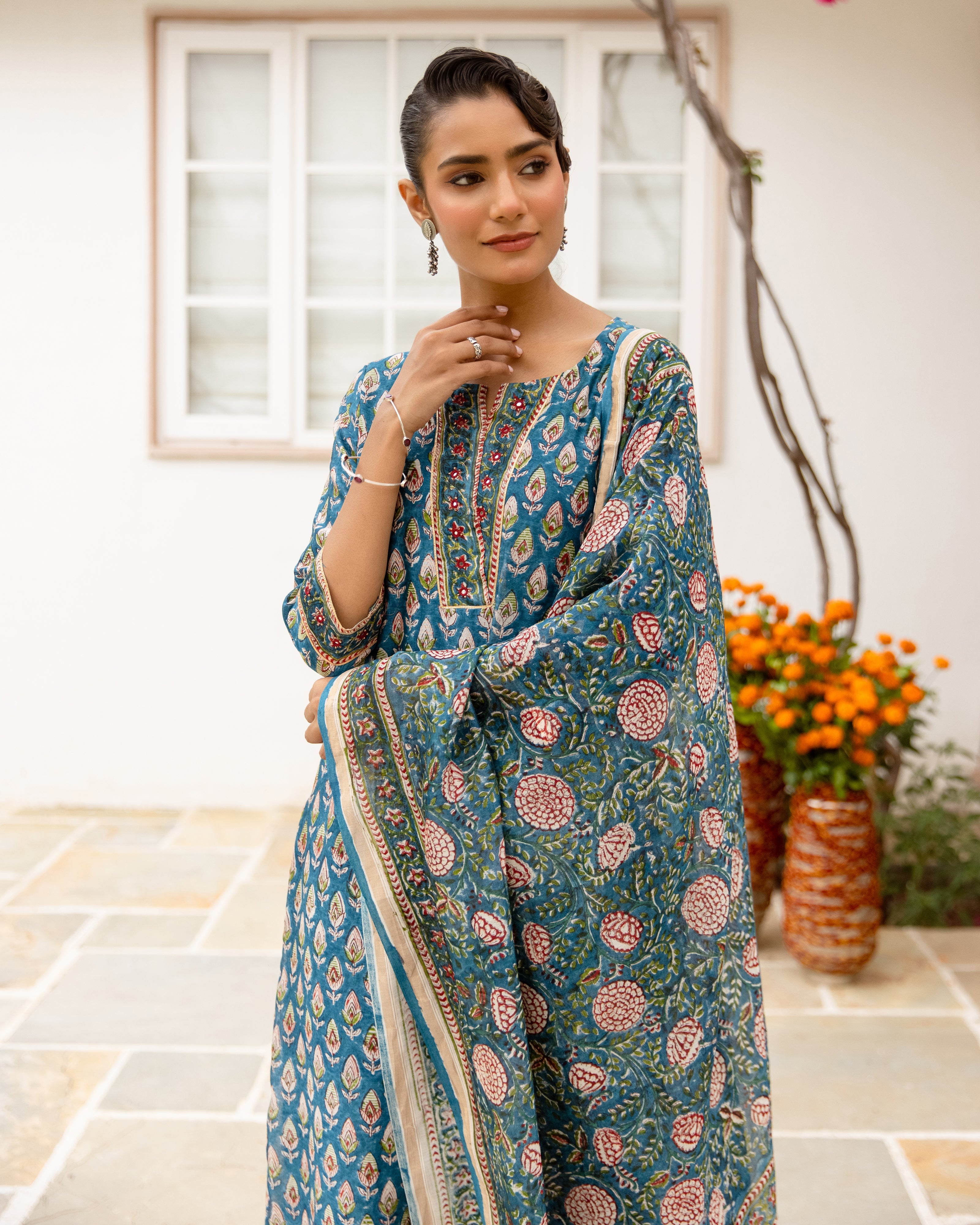 Teal Blue & Beige Complete Suit Set