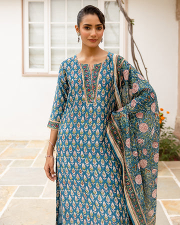 Teal Blue & Beige Complete Suit Set