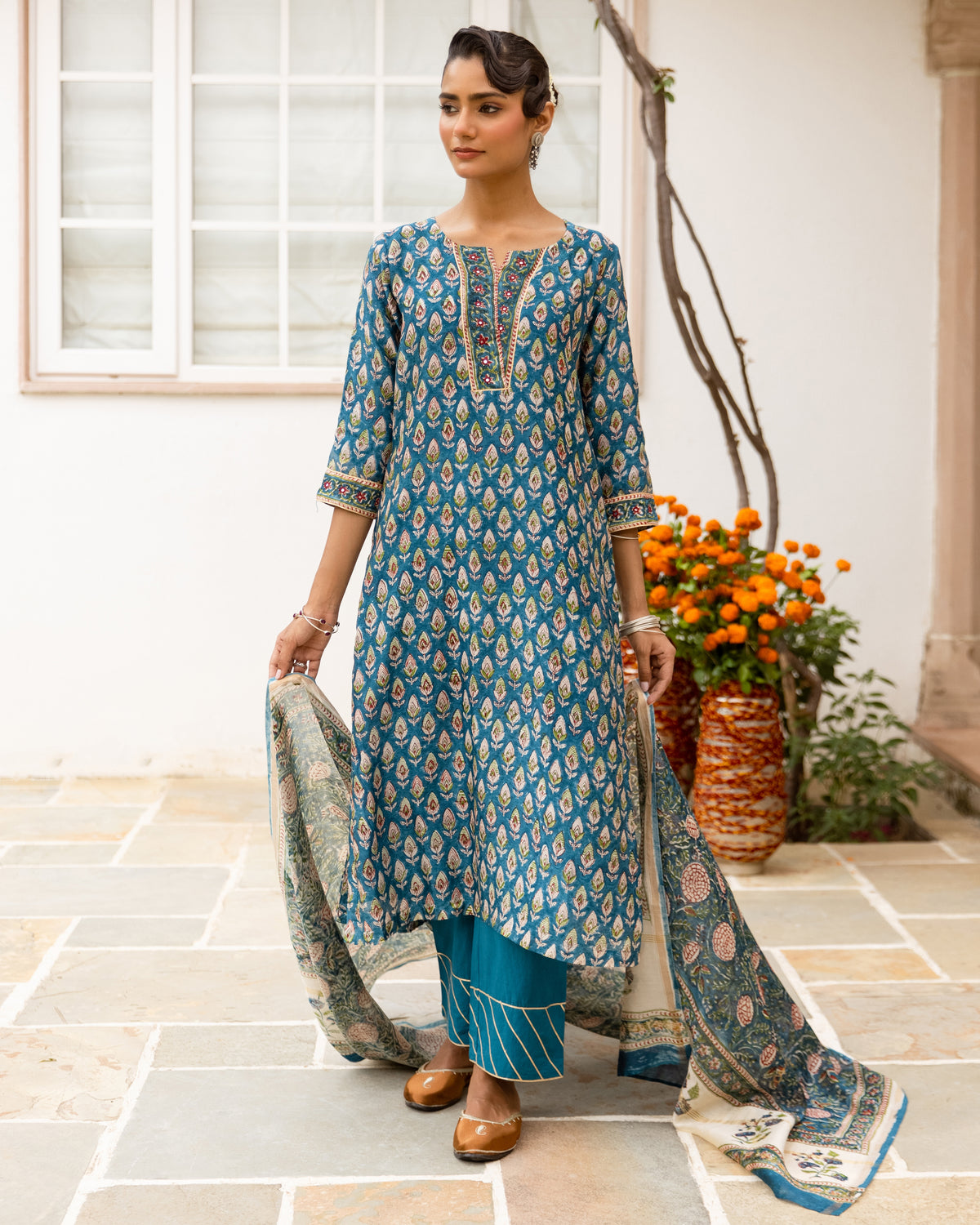 Teal Blue & Beige Complete Suit Set