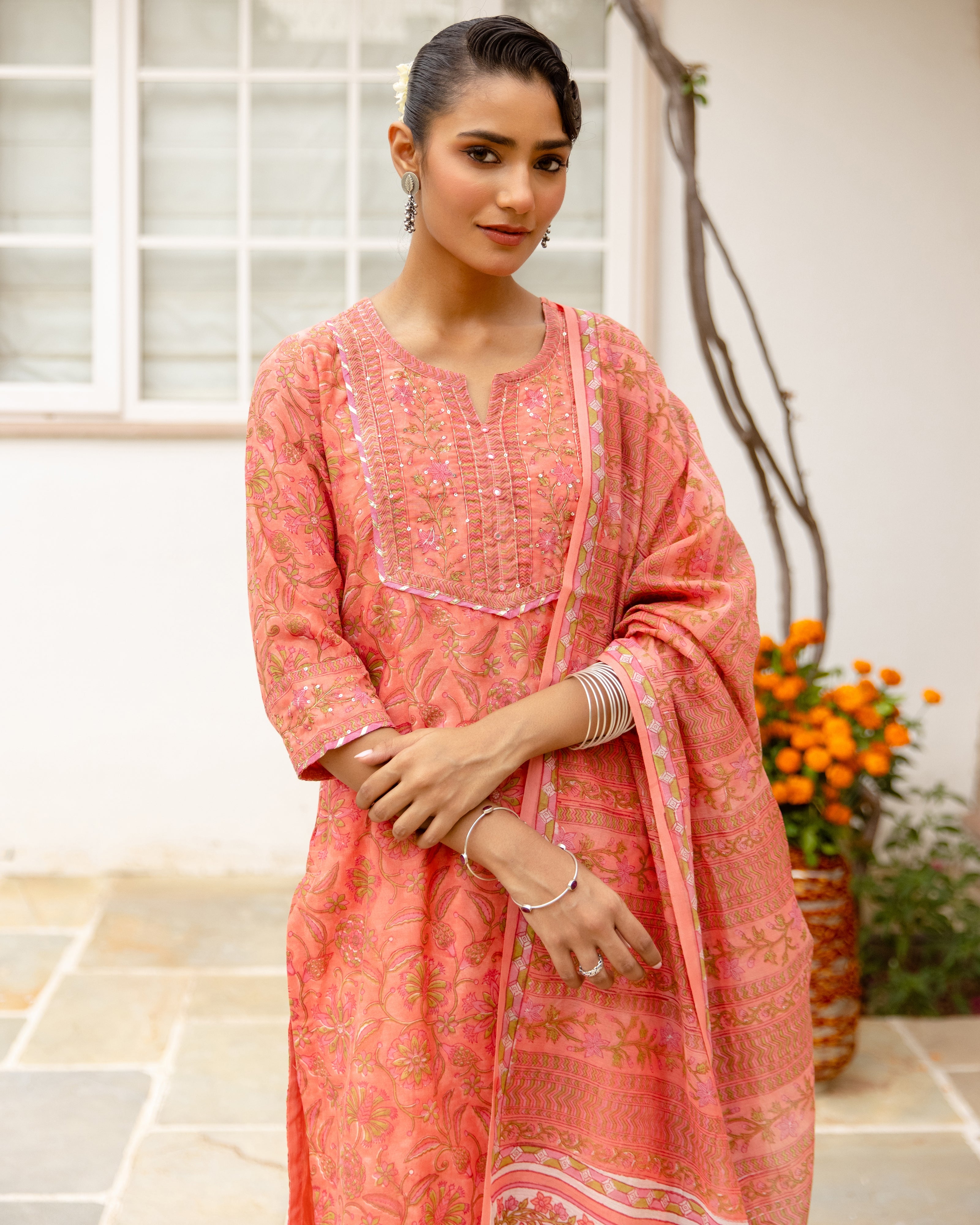 Coral Peach Chanderi Complete Suit Set