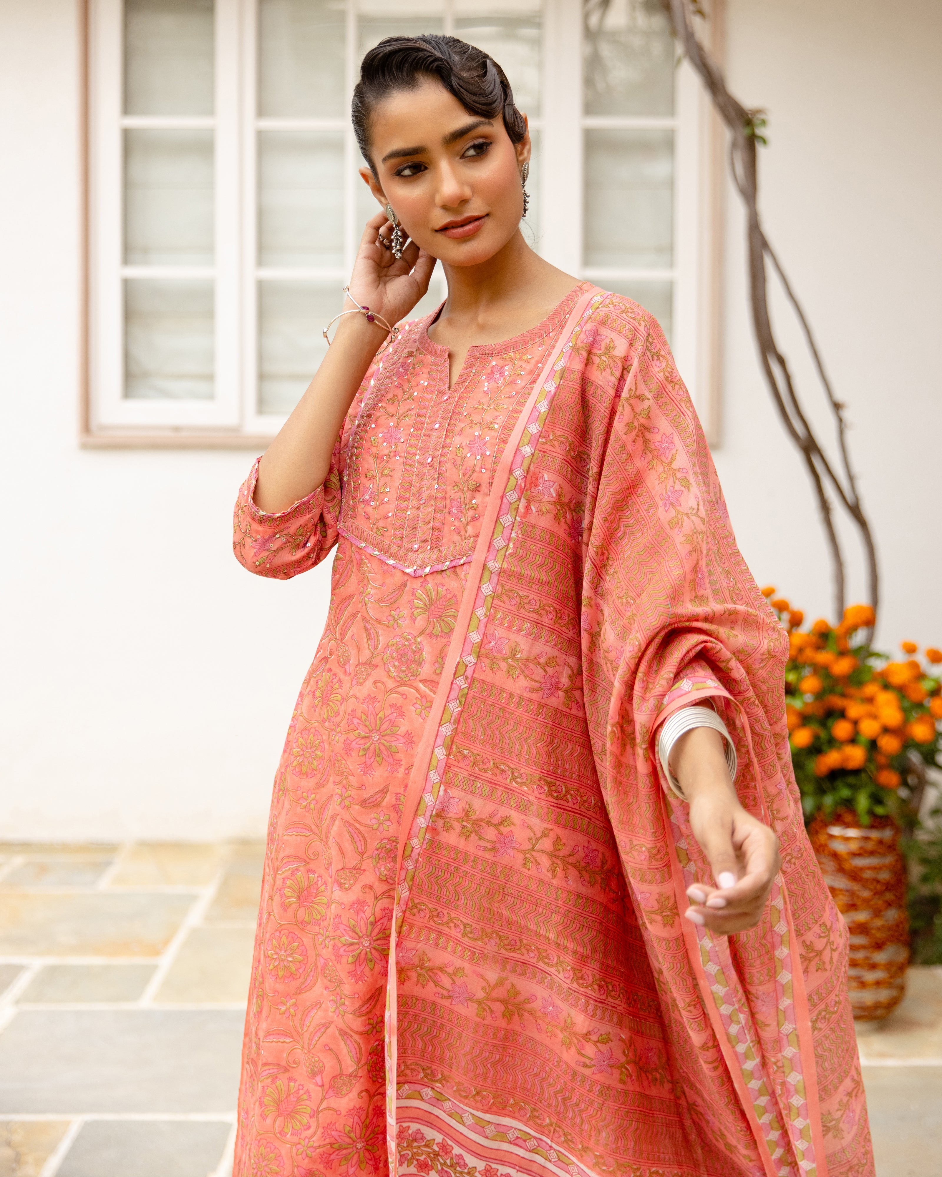 Coral Peach Chanderi Complete Suit Set