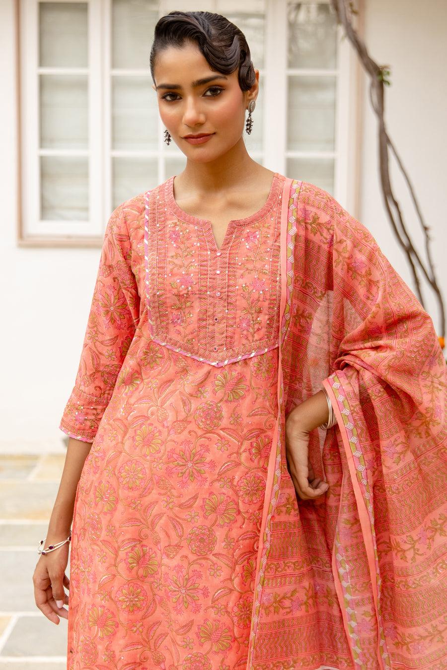 Coral Peach Chanderi Complete Suit Set