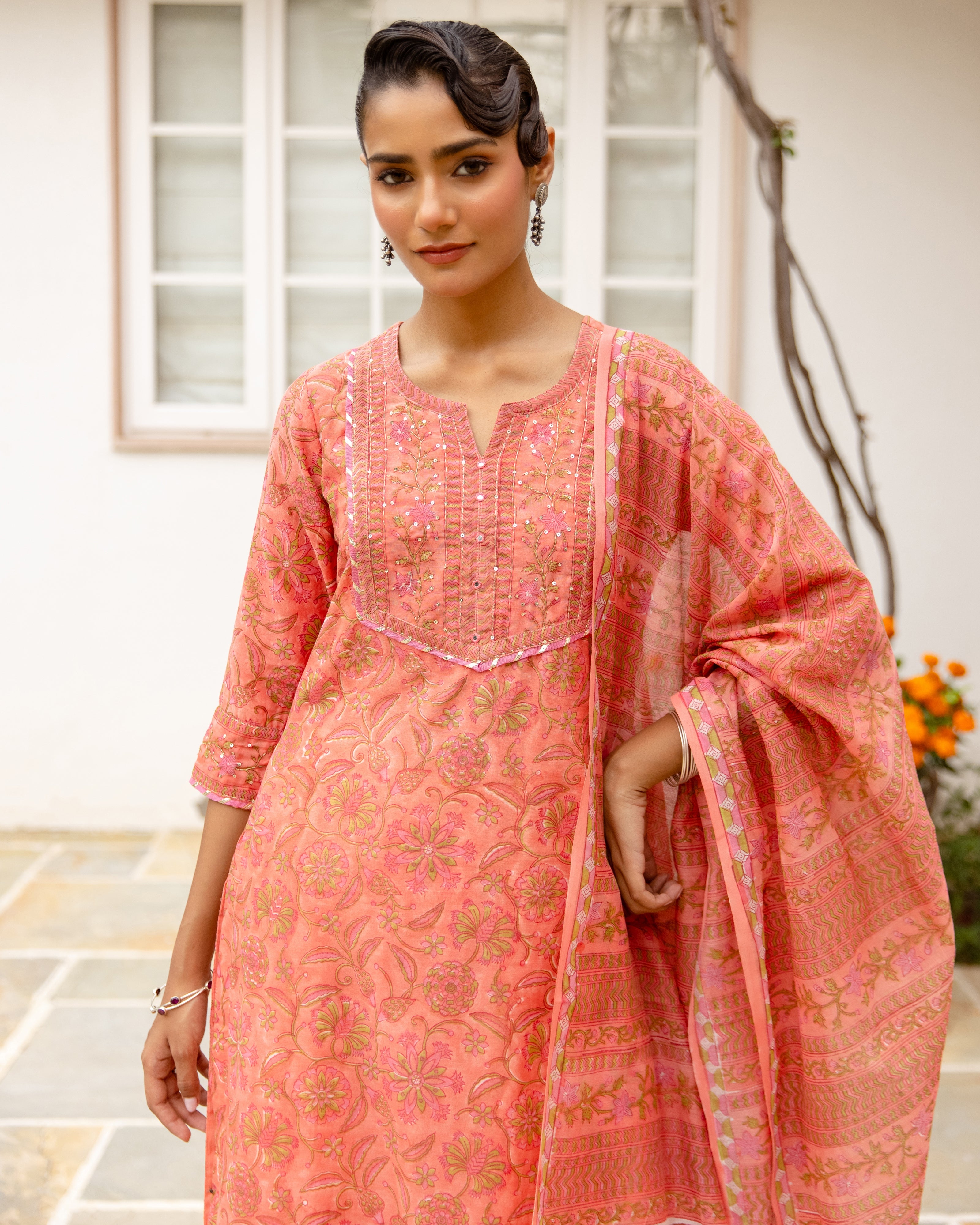 Coral Peach Chanderi Complete Suit Set