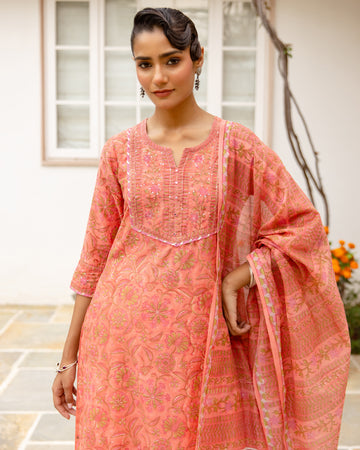 Coral Peach Chanderi Complete Suit Set