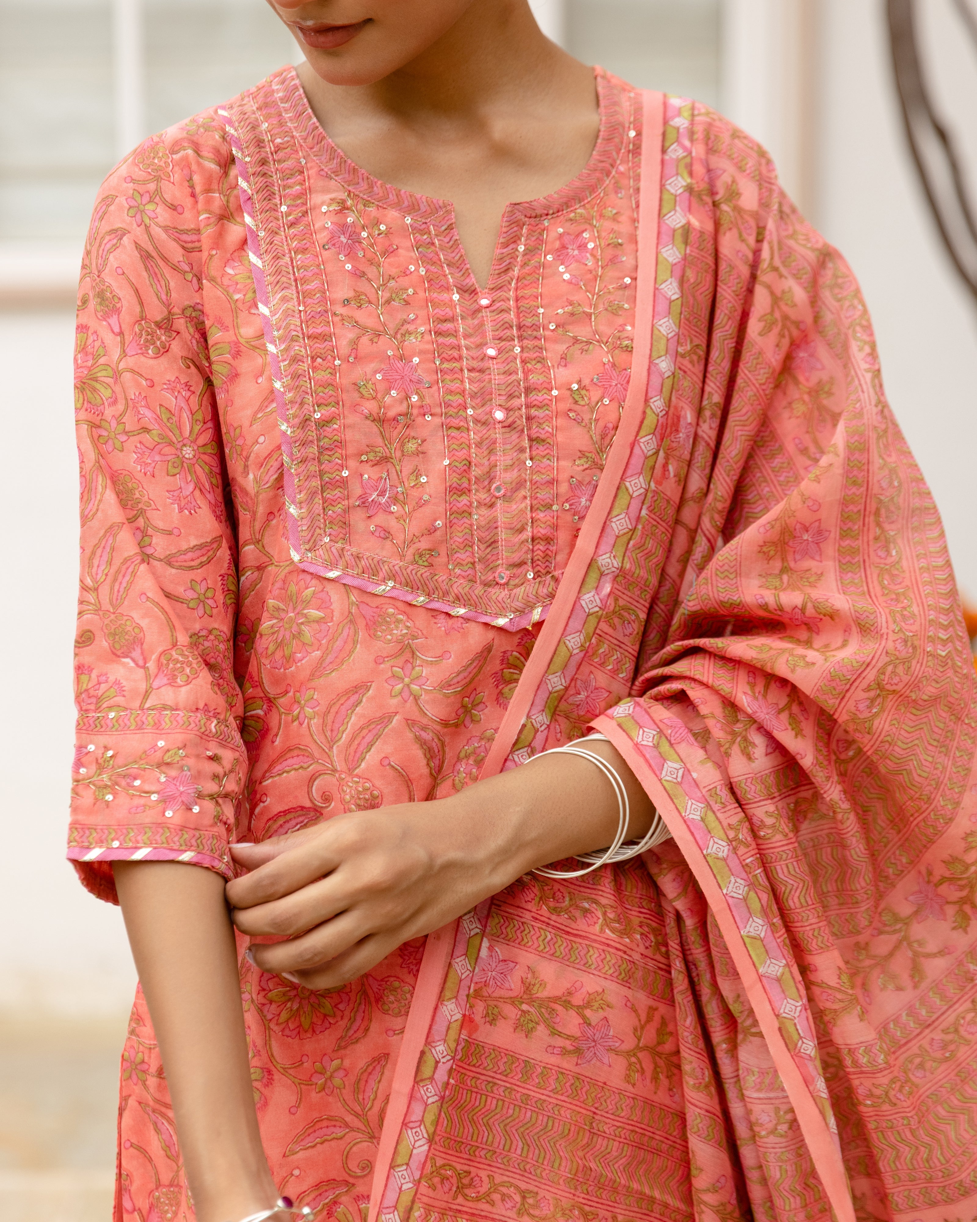 Coral Peach Chanderi Complete Suit Set