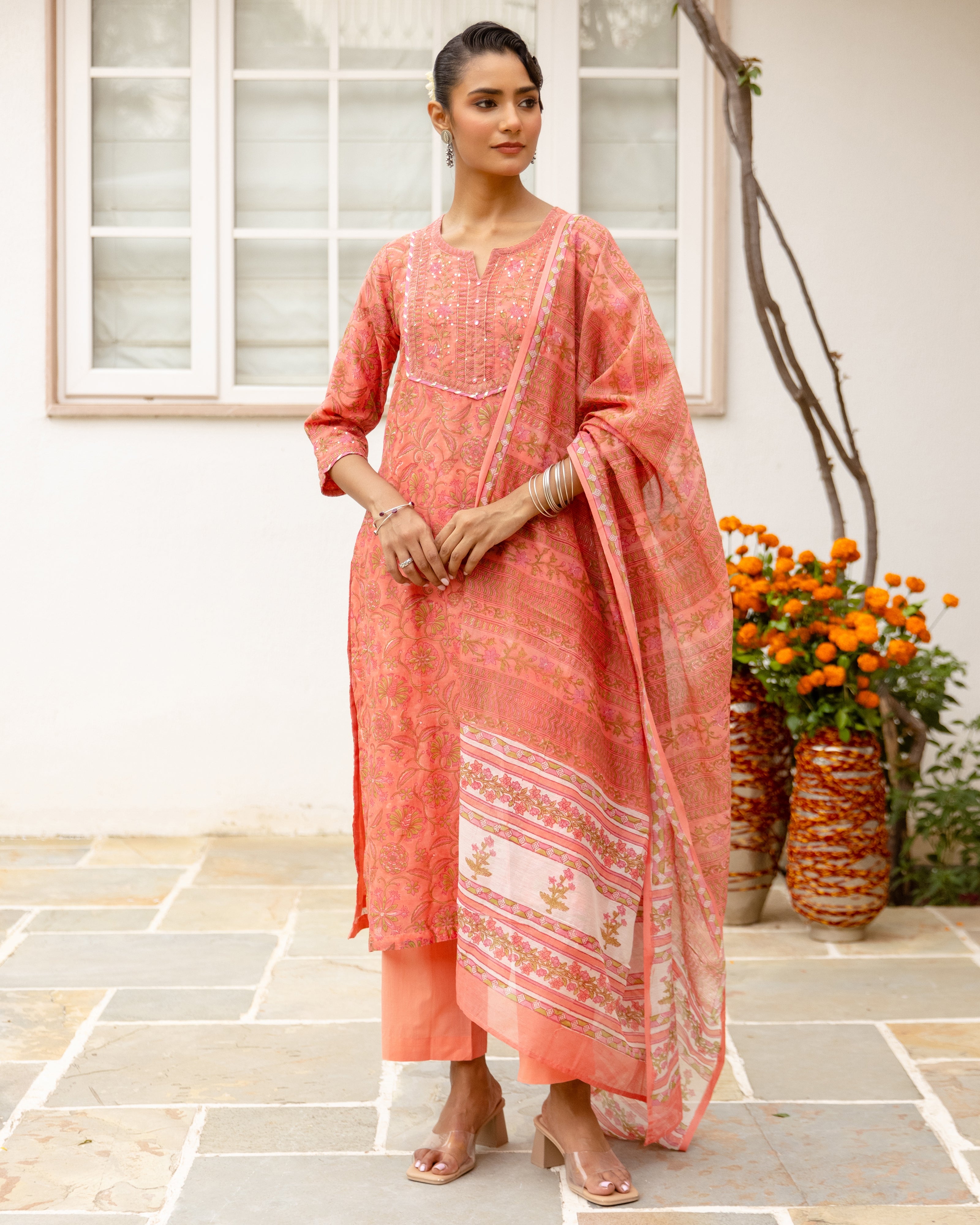 Coral Peach Chanderi Complete Suit Set