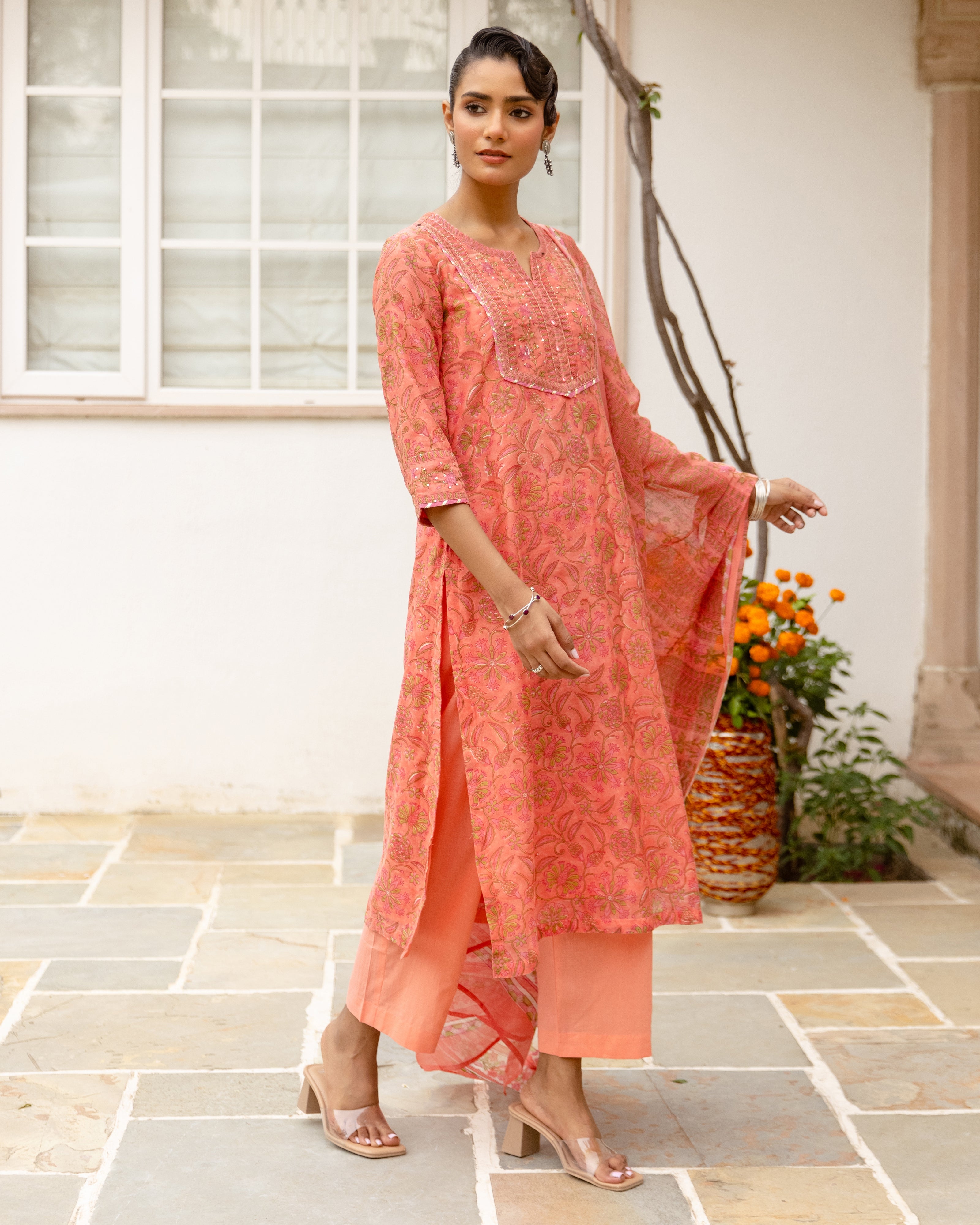 Coral Peach Chanderi Complete Suit Set