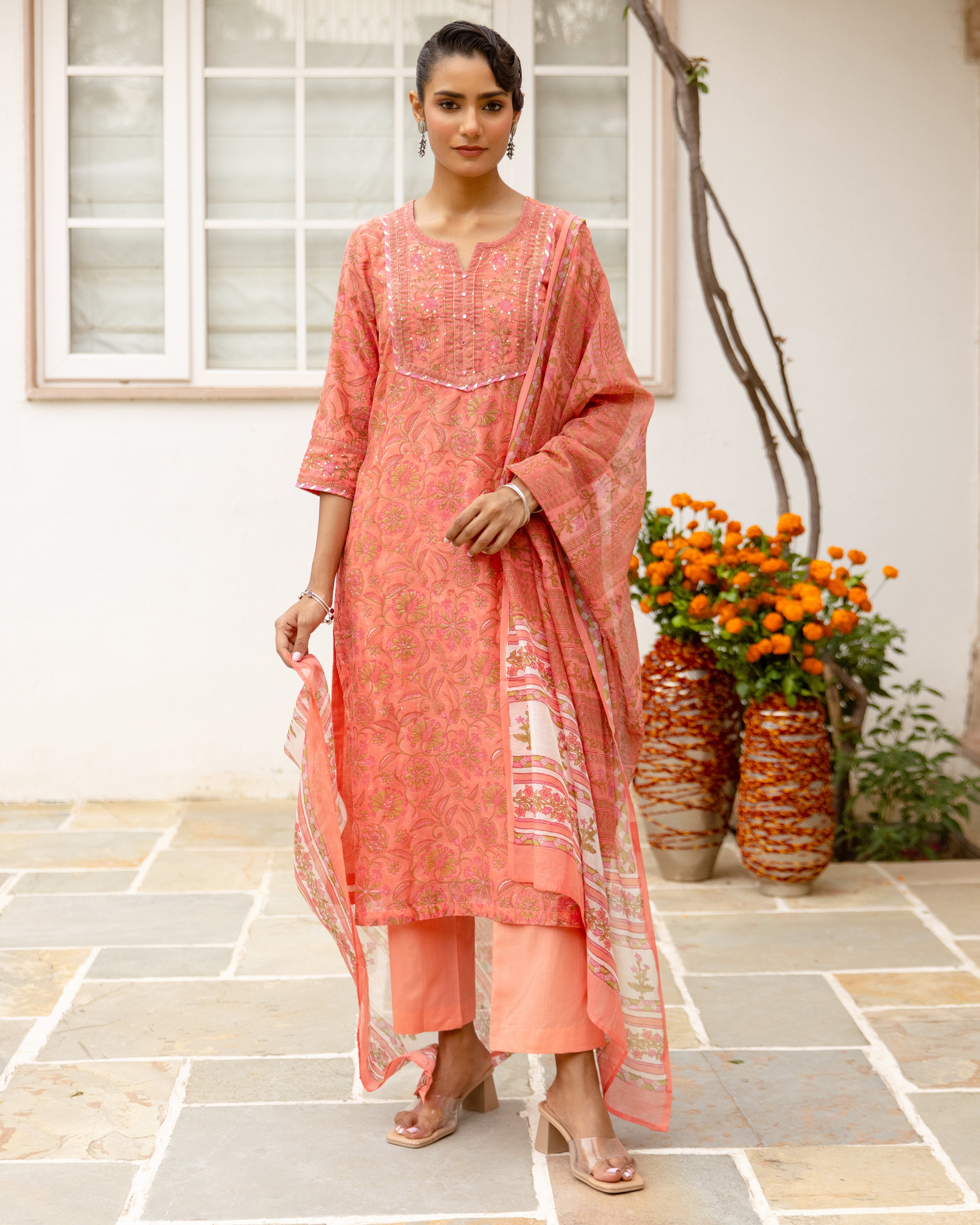 Coral Peach Chanderi Complete Suit Set
