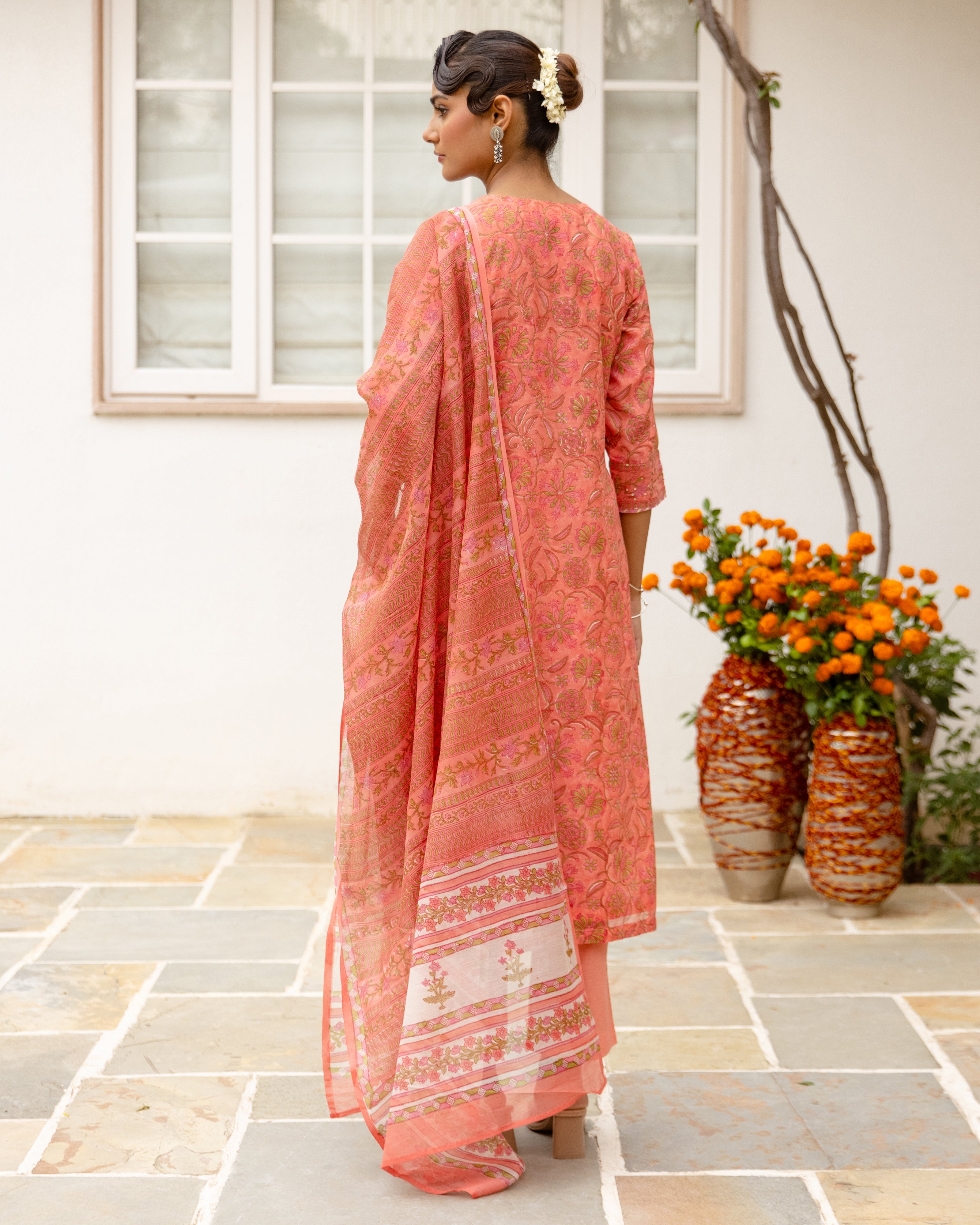 Coral Peach Chanderi Complete Suit Set