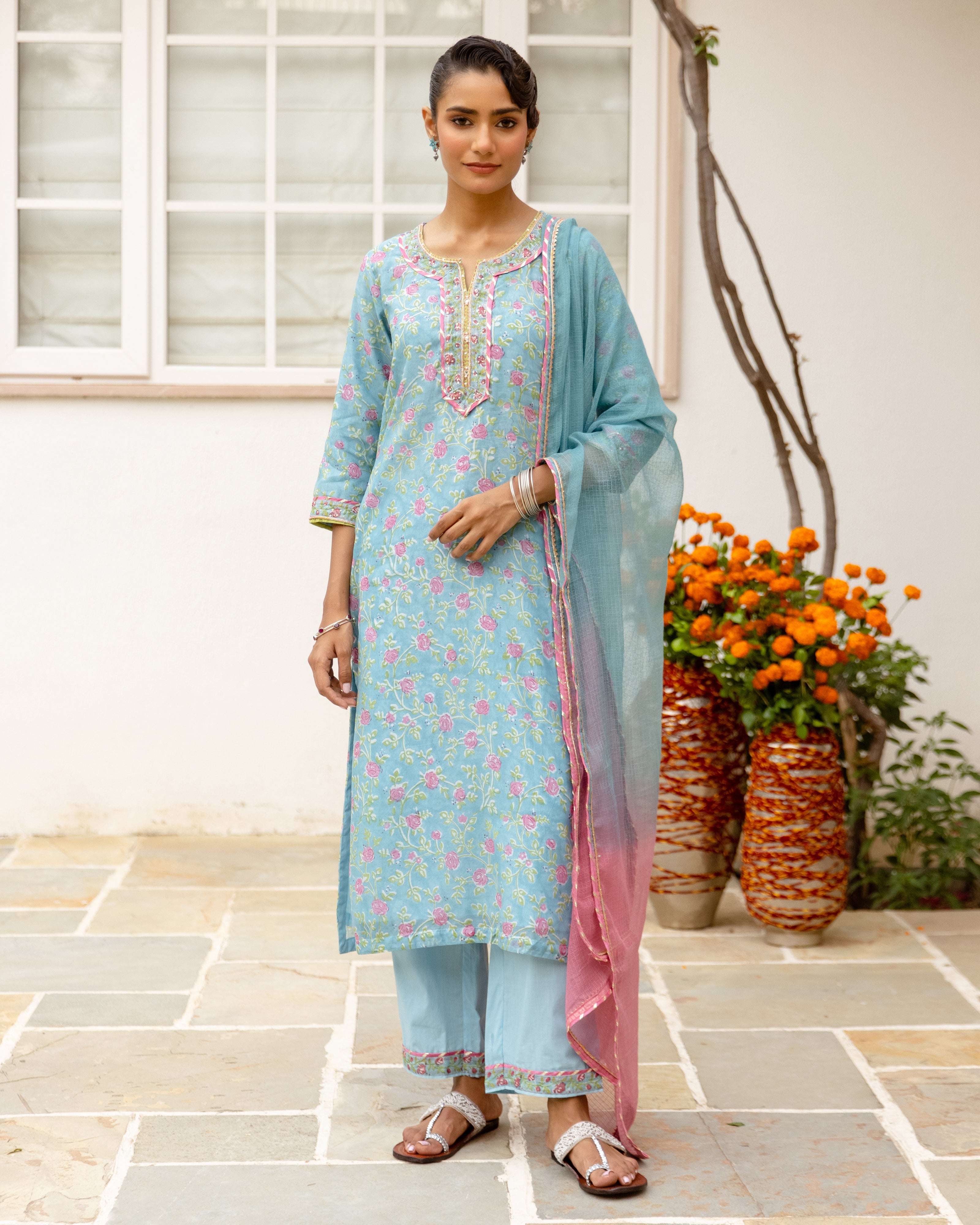 Sky Blue Chanderi Complete Suit Set