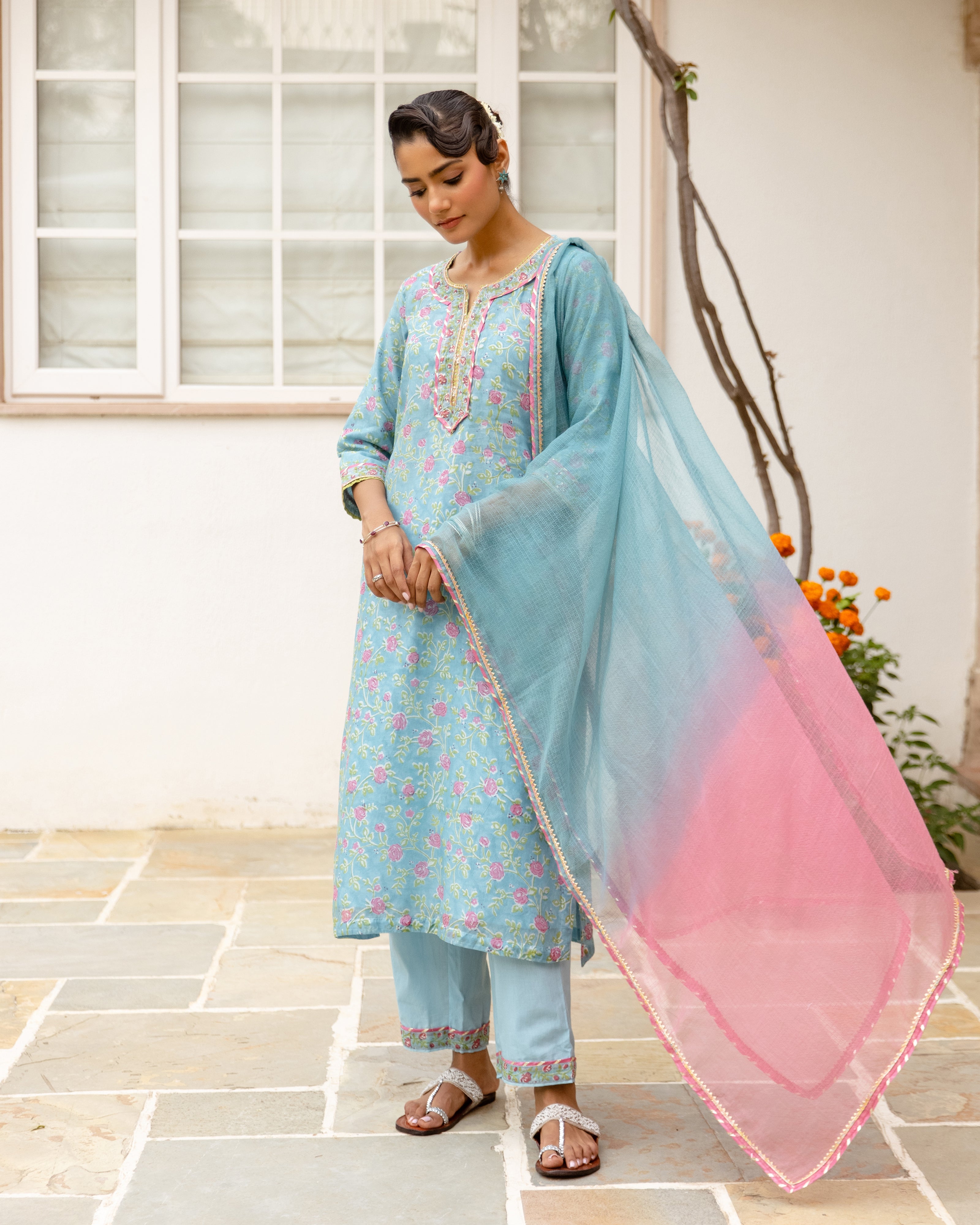 Sky Blue Chanderi Complete Suit Set