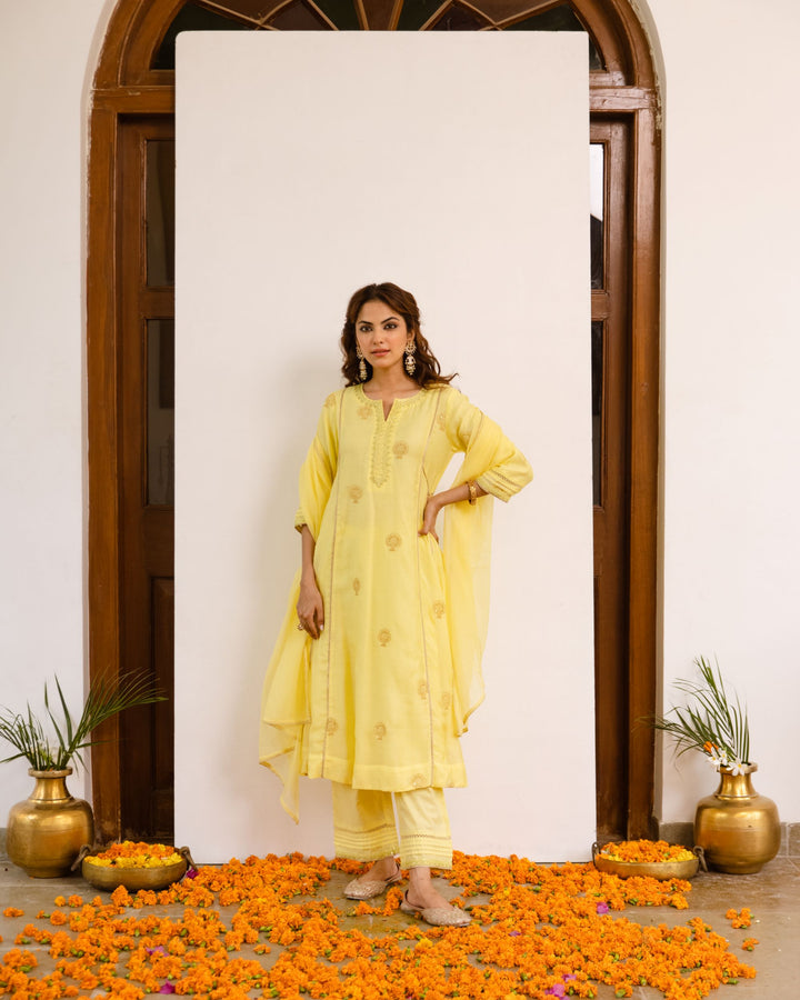 Yellow Chanderi Complete Suit Set For Women's