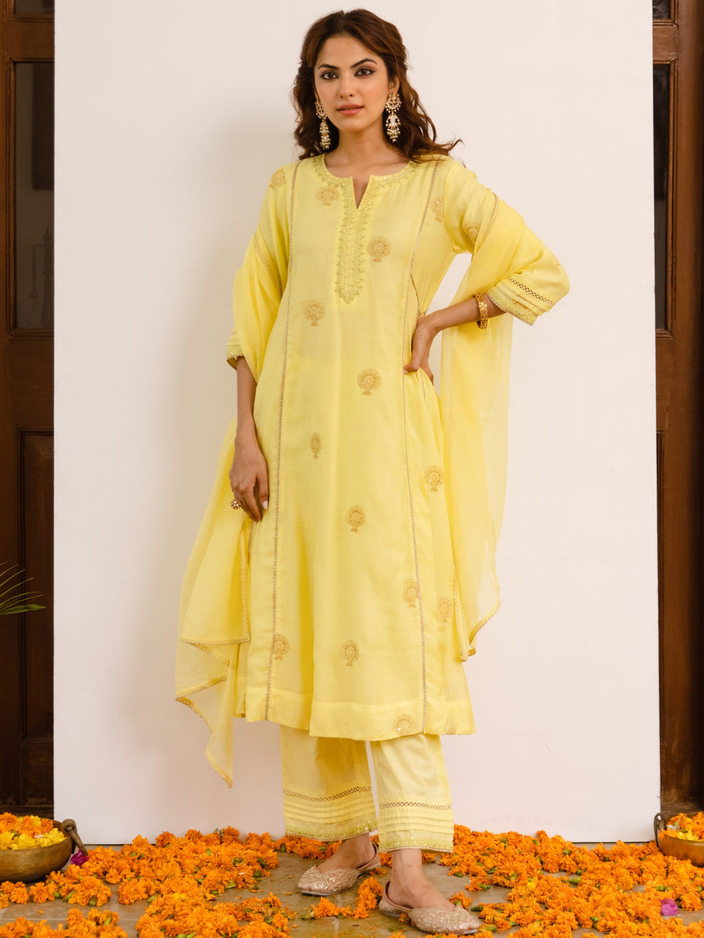 Yellow Chanderi Complete Suit Set For Women's