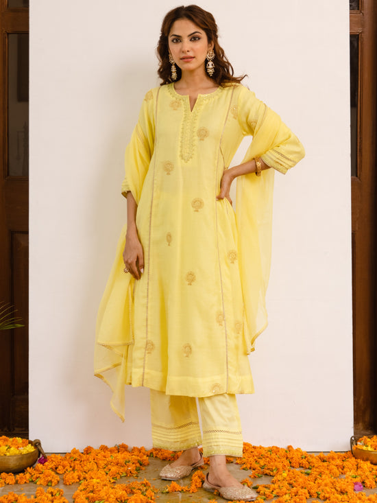Yellow Chanderi Complete Suit Set For Women's
