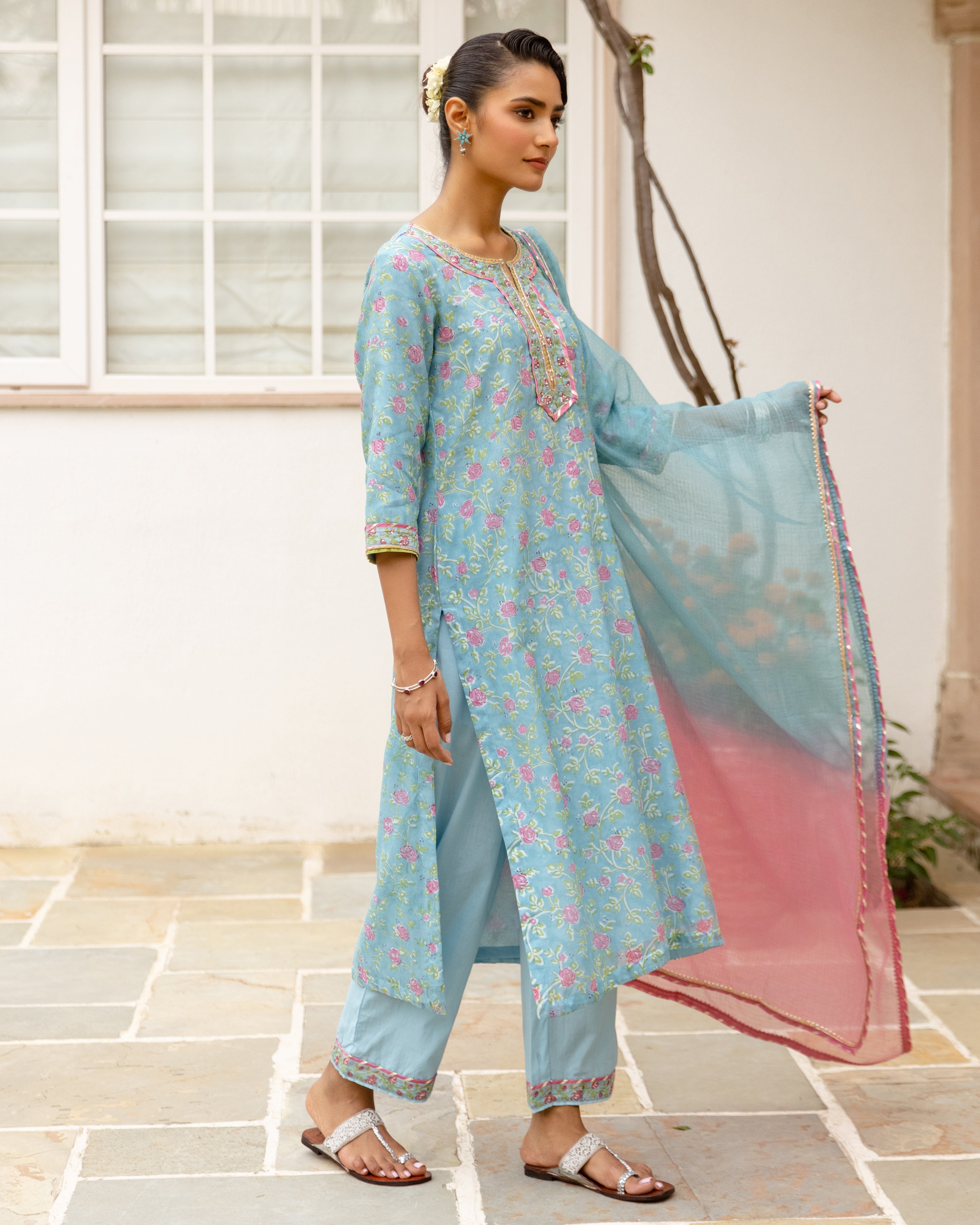 Sky Blue Chanderi Complete Suit Set