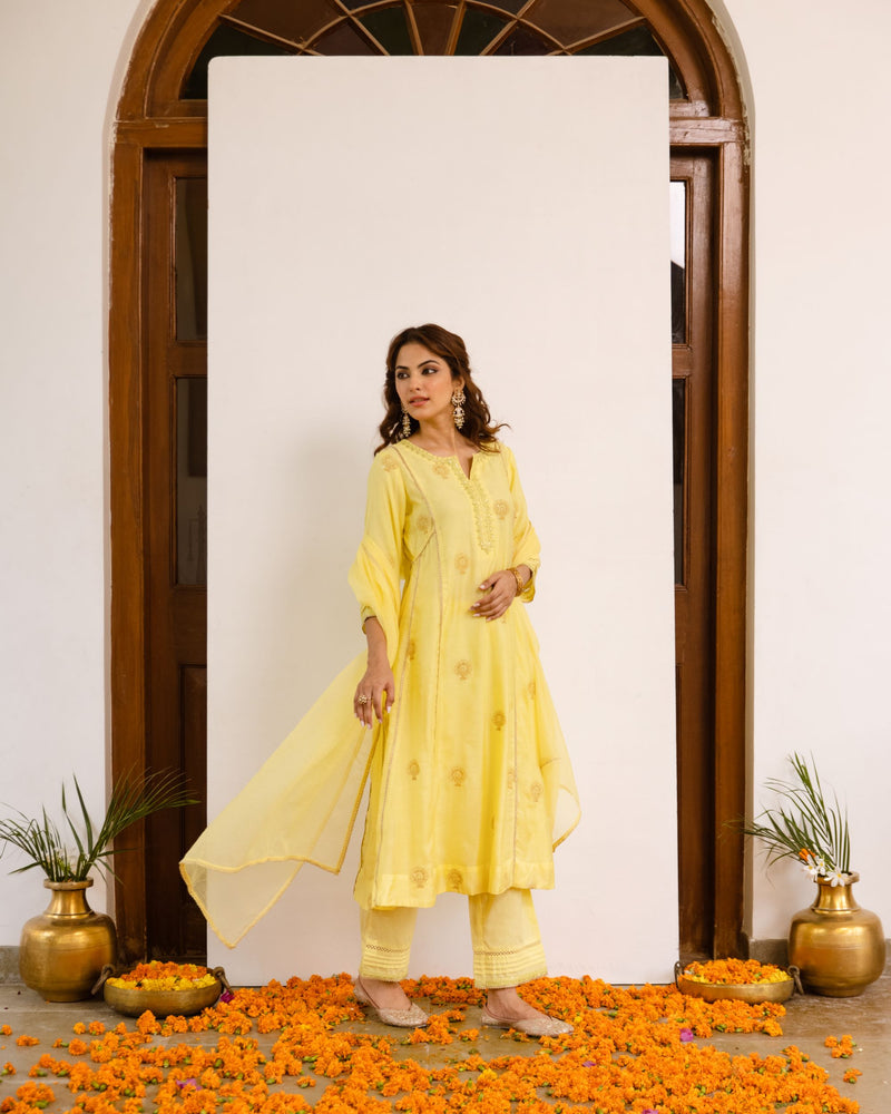 Yellow Chanderi Complete Suit Set For Women's