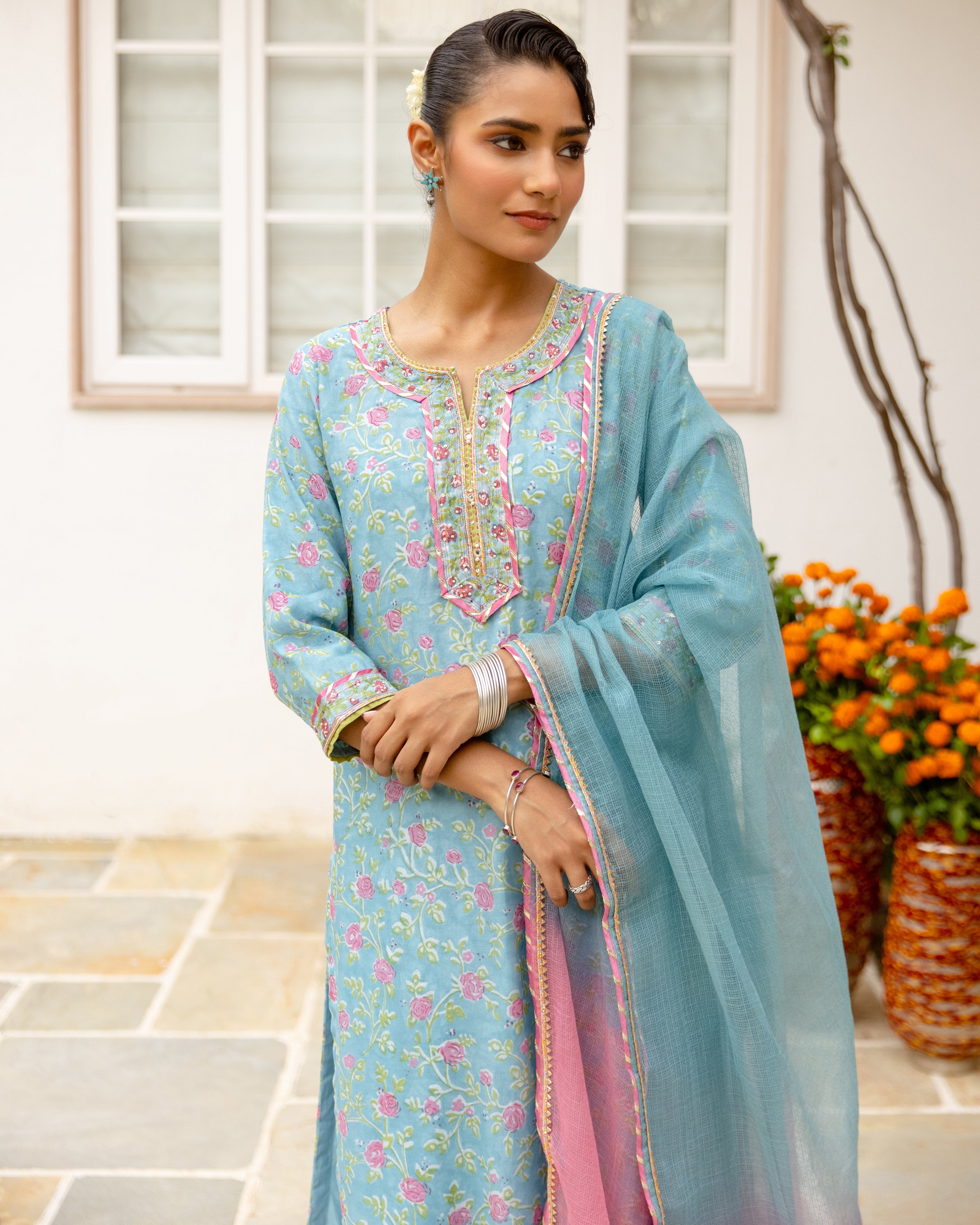 Sky Blue Chanderi Complete Suit Set