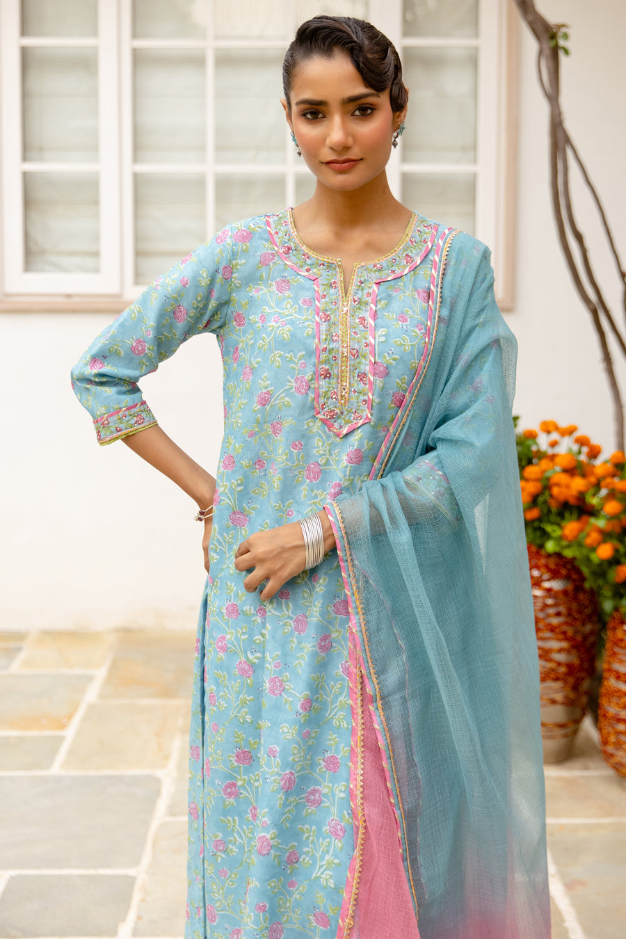 Sky Blue Chanderi Complete Suit Set