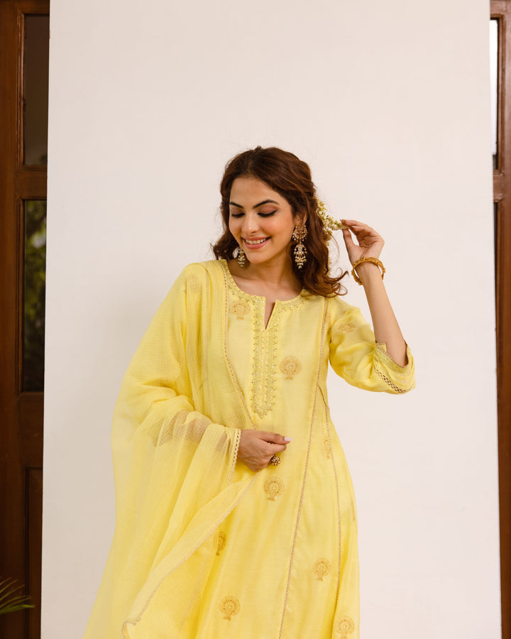 Yellow Chanderi Complete Suit Set For Women's