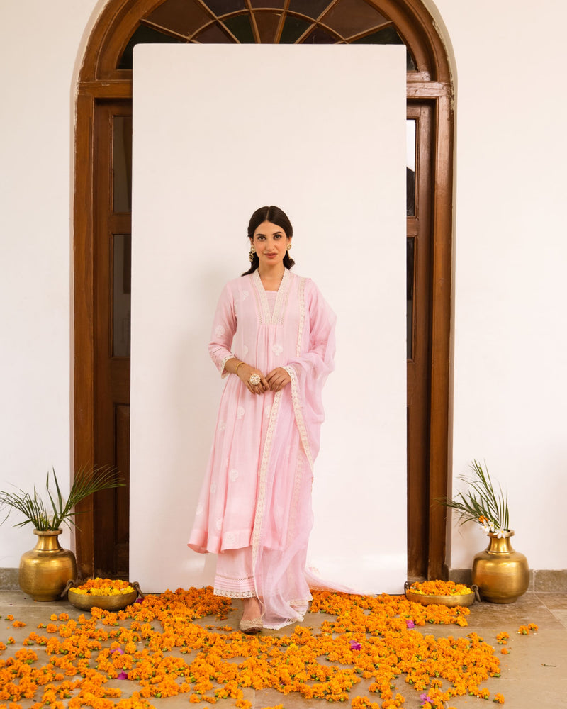 Baby Pink Chanderi Silk Complete Suit Set For Women's
