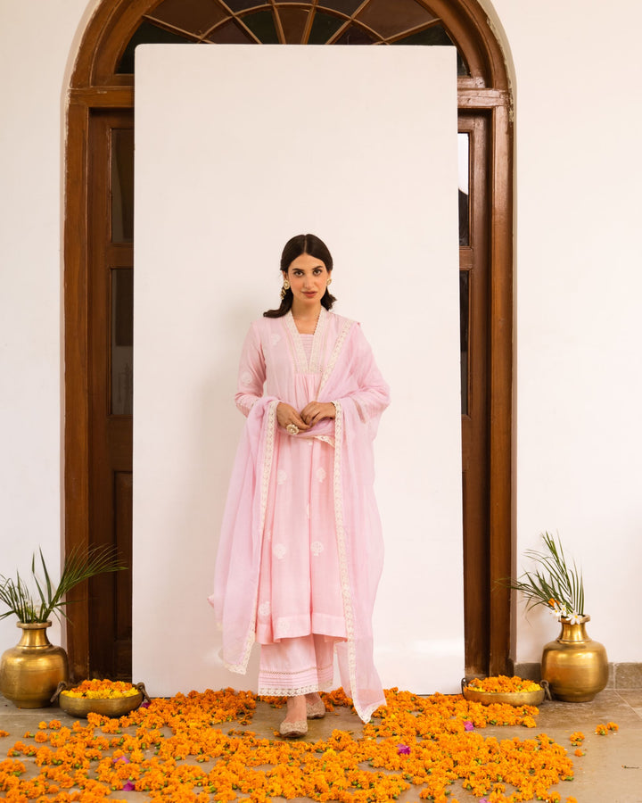 Baby Pink Chanderi Silk Complete Suit Set For Women's