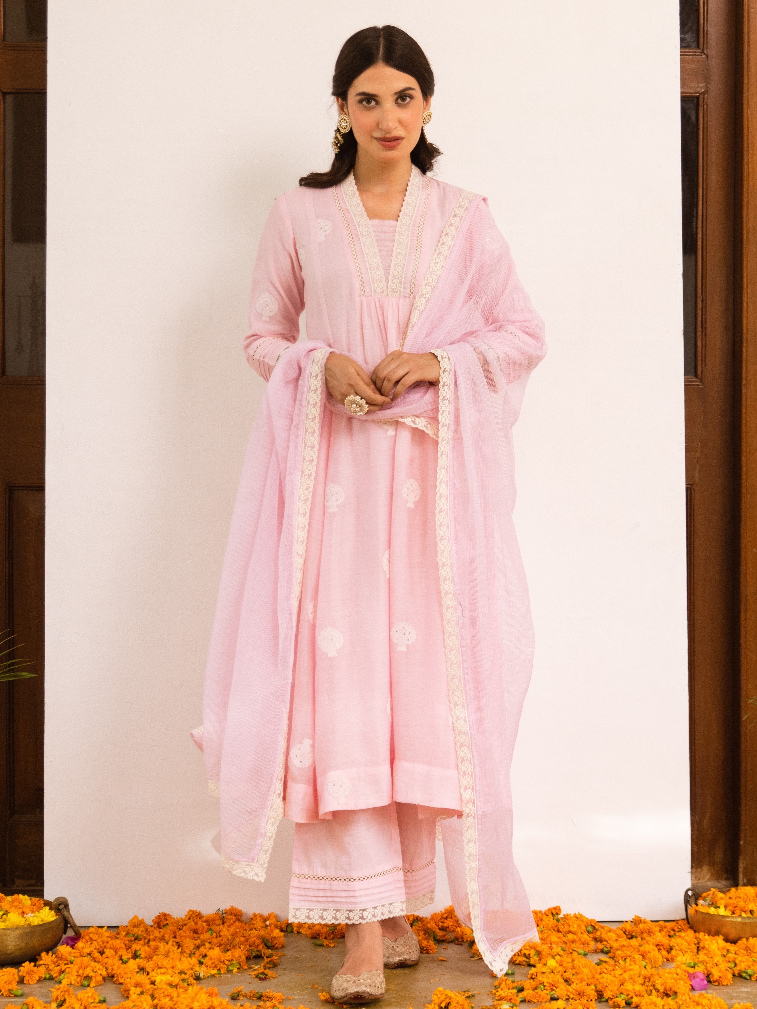 Baby Pink Chanderi Silk Complete Suit Set For Women's