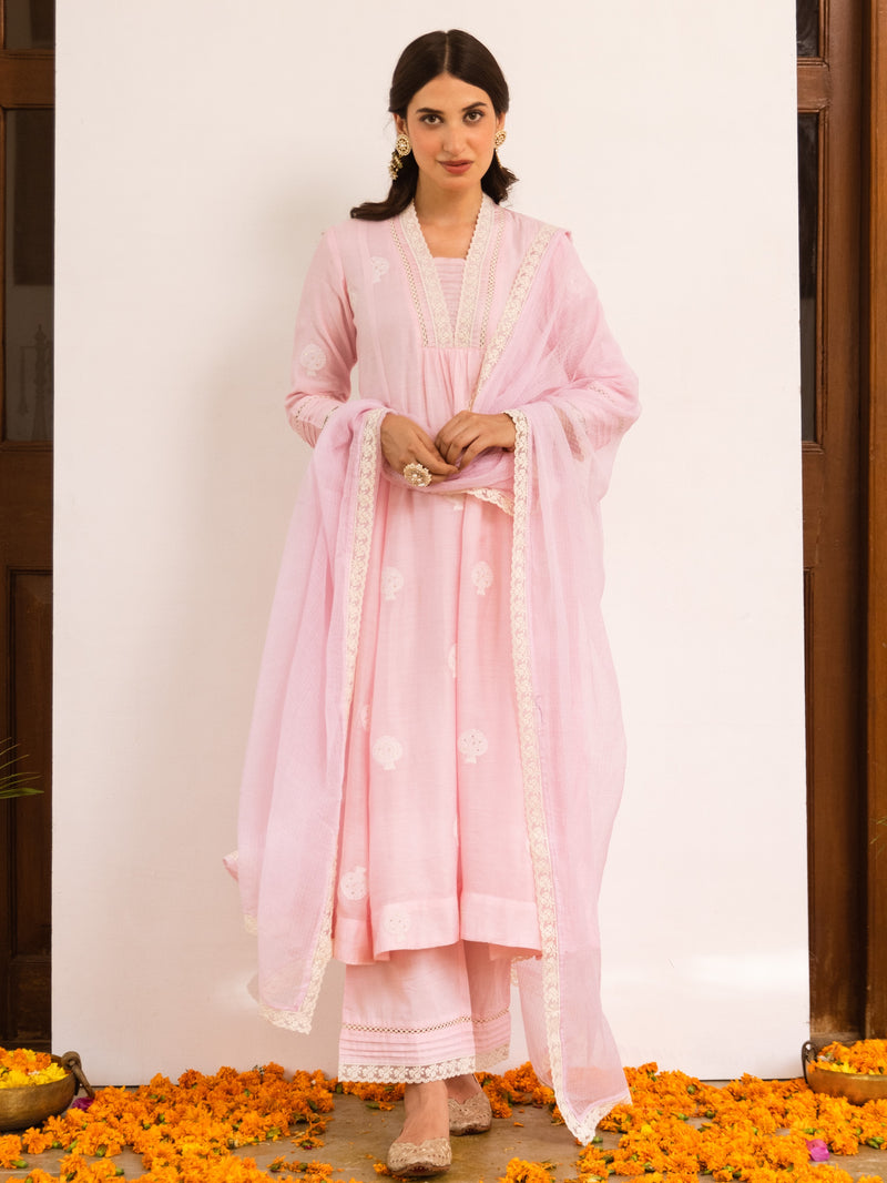 Baby Pink Chanderi Silk Complete Suit Set For Women's