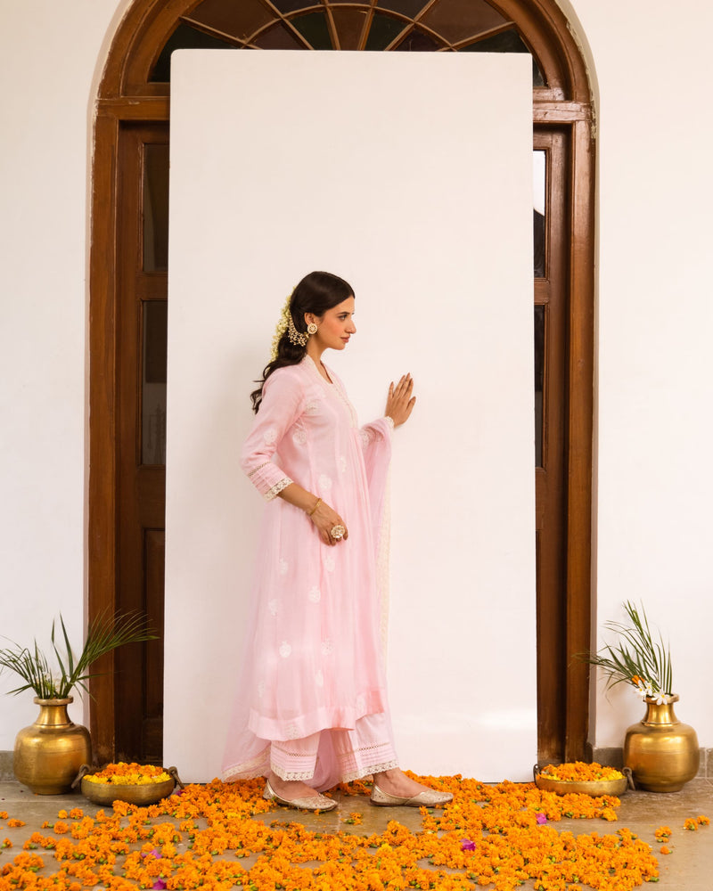 Baby Pink Chanderi Silk Complete Suit Set For Women's