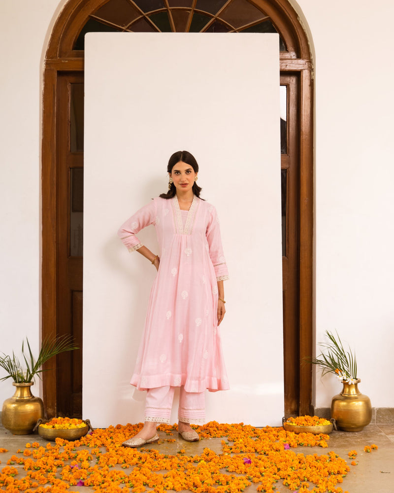 Baby Pink Chanderi Silk Complete Suit Set For Women's