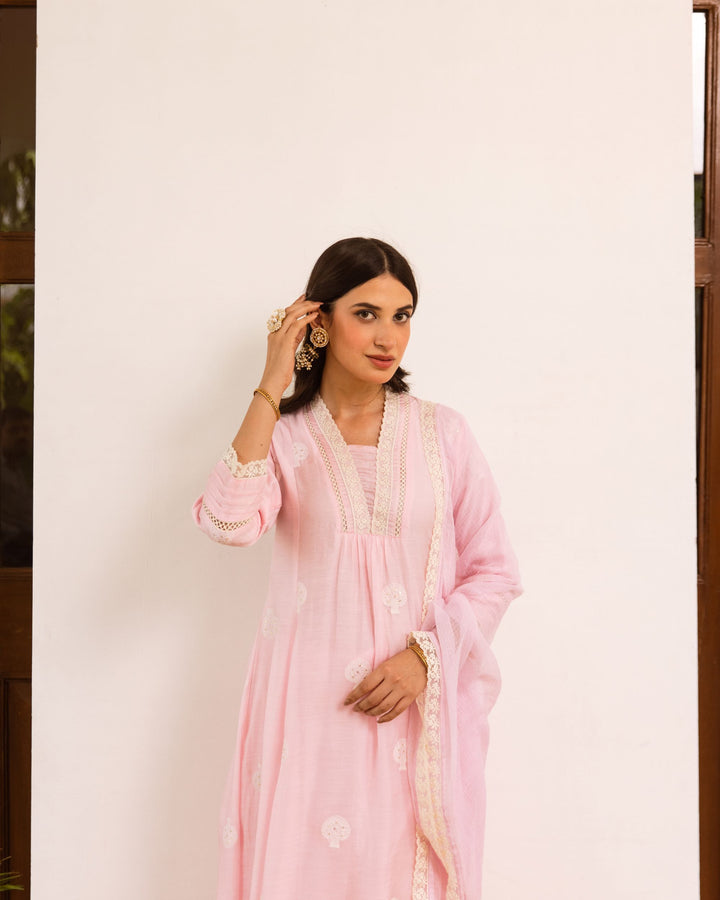 Baby Pink Chanderi Silk Complete Suit Set For Women's