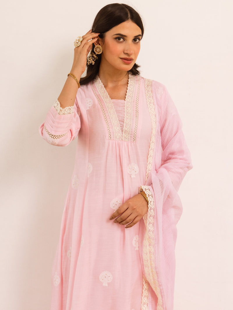 Baby Pink Chanderi Silk Complete Suit Set For Women's