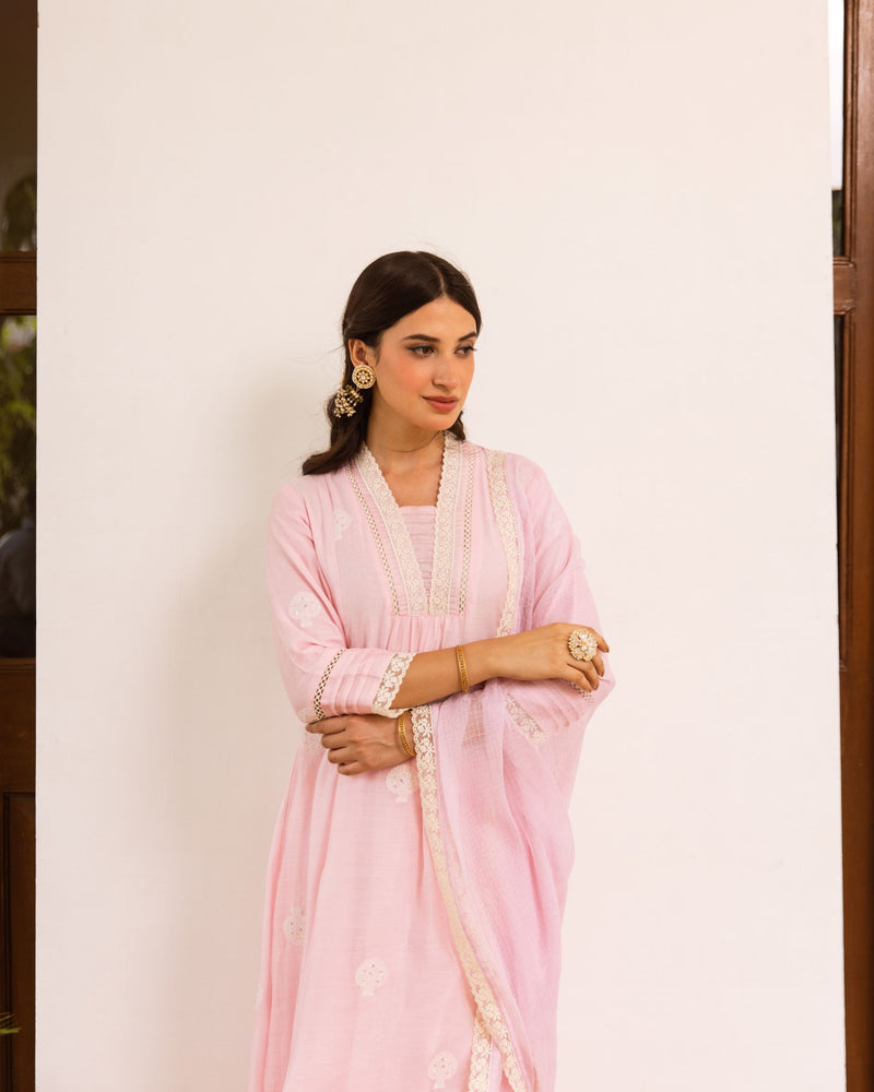 Baby Pink Chanderi Silk Complete Suit Set For Women's